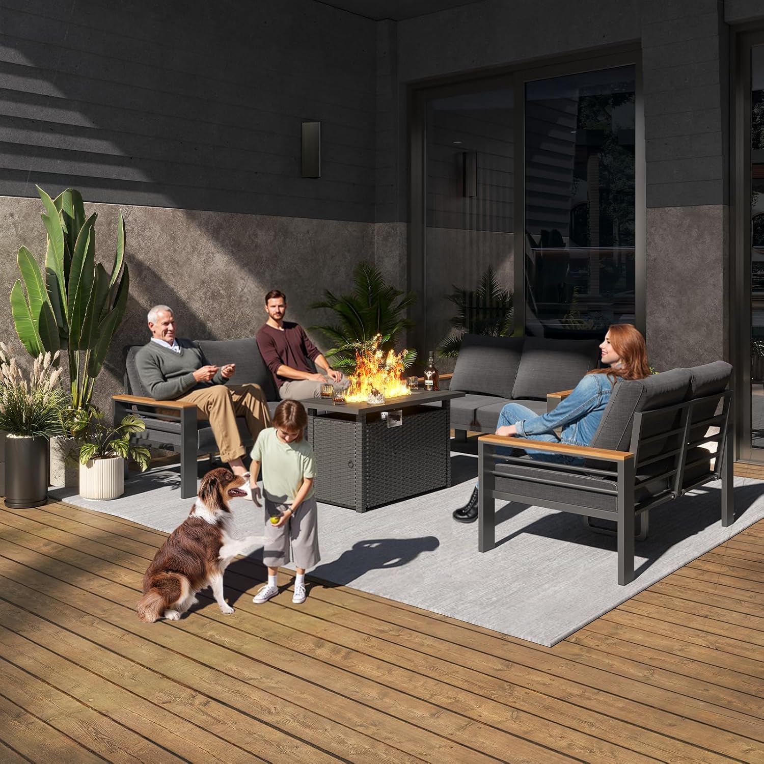 Aoxun Aluminum Outdoor Patio Furniture Set, 7 Seats Outdoor Sectional with Fire Pit Table, Patio Conversation Sets with Upgraded Armrests and Cushions for Backyard, Garden and Poolside（Dark Grey）