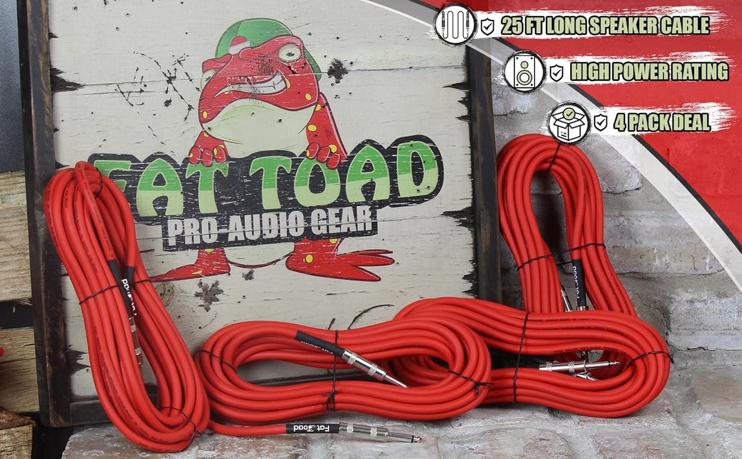 Fat Toad 25ft DJ Speaker Cables (Red-Flexpro Series) 4 Pack – 1/4 Inch TS PA Cords – 12 AWG Audio Wires for Studio Stage System, Amplifier, & Recording Gear Use