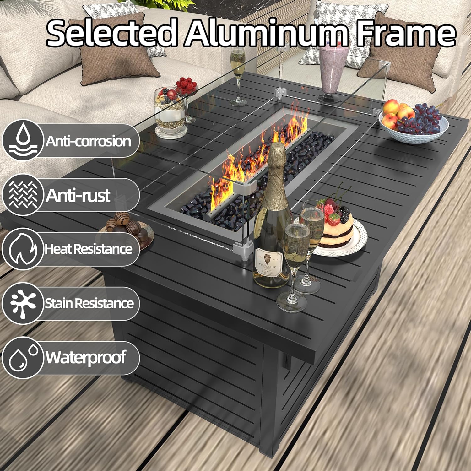 TWT 43.3 inch Outdoor Propane Fire Pit 2 in 1 Firepit Table Gas Fire Pit Table with Lid, Glass Wind Guard Rectangle Gas Firepit Table for Garden/Patio, CSA Certification (Dark Grey)