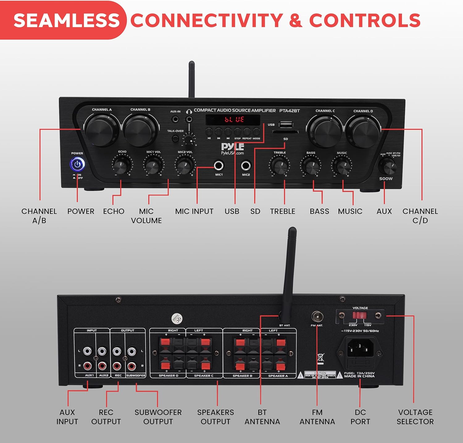 Pyle PTA42BT Wireless Karaoke Bluetooth Stereo Receiver - 4 Channel Power Amplifier w/USB,2 Microphone Input w/ Echo,Talkover for PA Great for Home Speaker System,Black