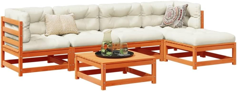6 Piece Patio Sofa Set with Cushions Wax Brown Solid Wood Pine,Rustic Pinewood Outdoor Sofa Set with Cushions for Patio, Backyard, and Terrace Patio Furniture Sets
