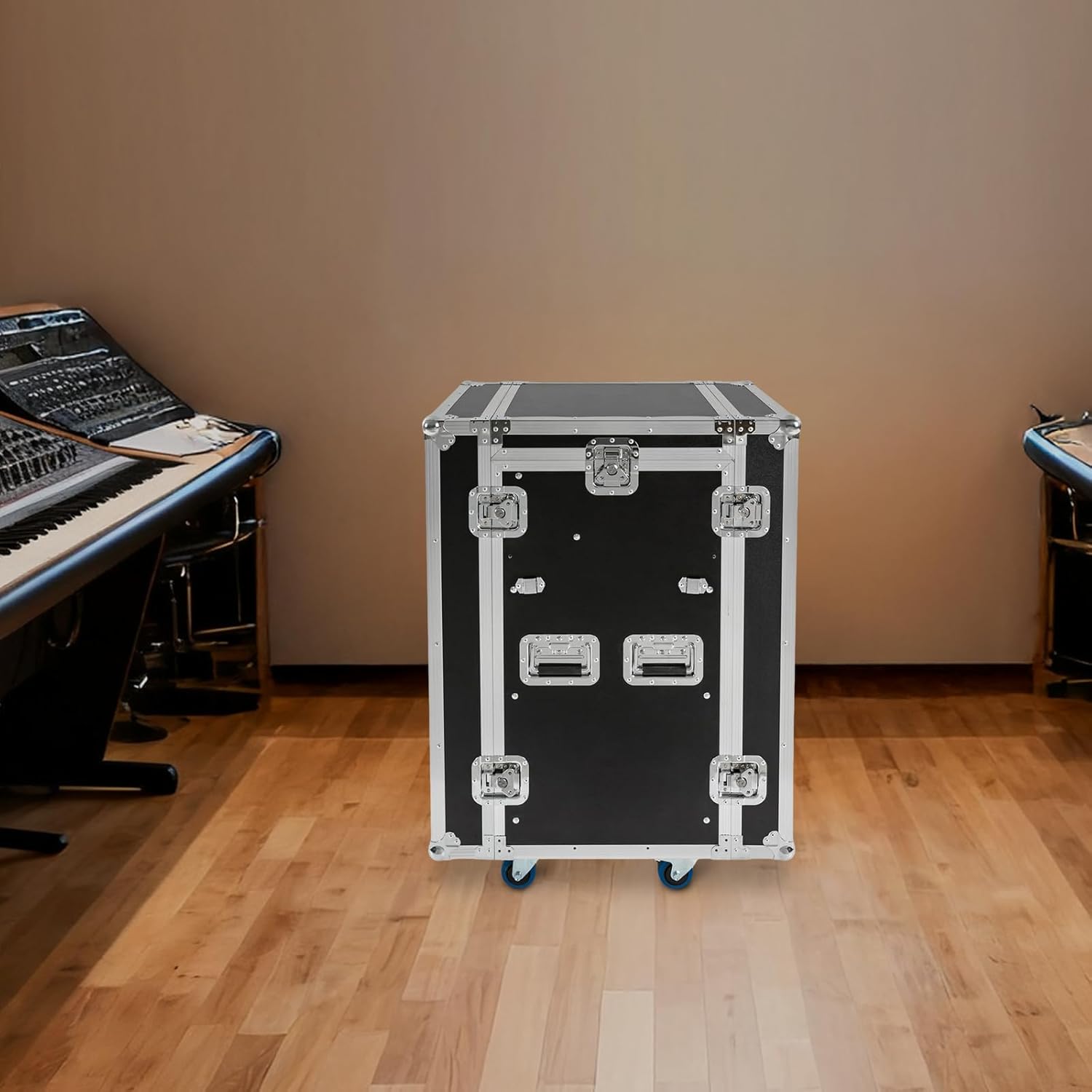 14U Mobile PA DJ Rack Road Case, Network & Stereo Rack with DJ Mixer Tops, Heavy-Duty 2-Tier Studio Equipment Cabinet with 4 Wheels, Amplifier Mixer Storage Stand for Live Sound, KTV, Home Theater