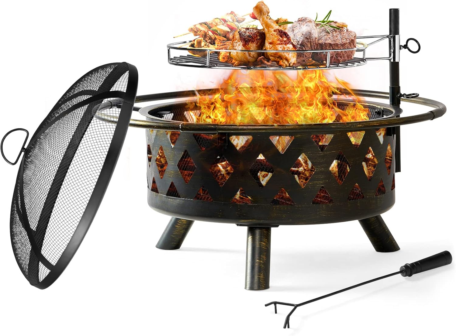 2in1 Fire Pit with Cooking Grate, Outdoor Fire Pits Wood Burning Firepit Steel BBQ Grill Fire Bowl with Spark Screen, Round Fireplace Cover for Outside Backyard Garden Bonfire Patio