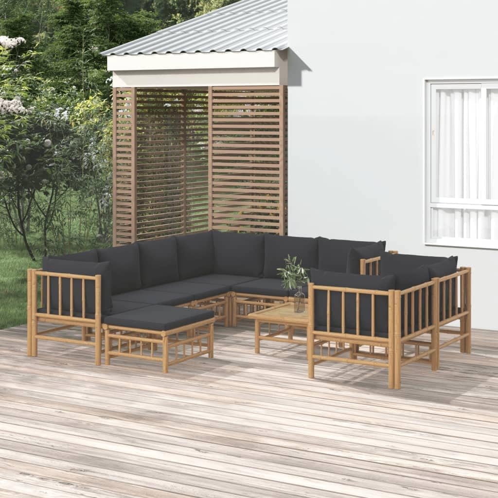 10 Piece Patio Lounge Set with Dark Gray Cushions Bamboo,Stylish and Comfortable Bamboo 3Piece Outdoor Lounge Set for Patio or Garden Patio Furniture Sets, Outdoor Furniture Sets