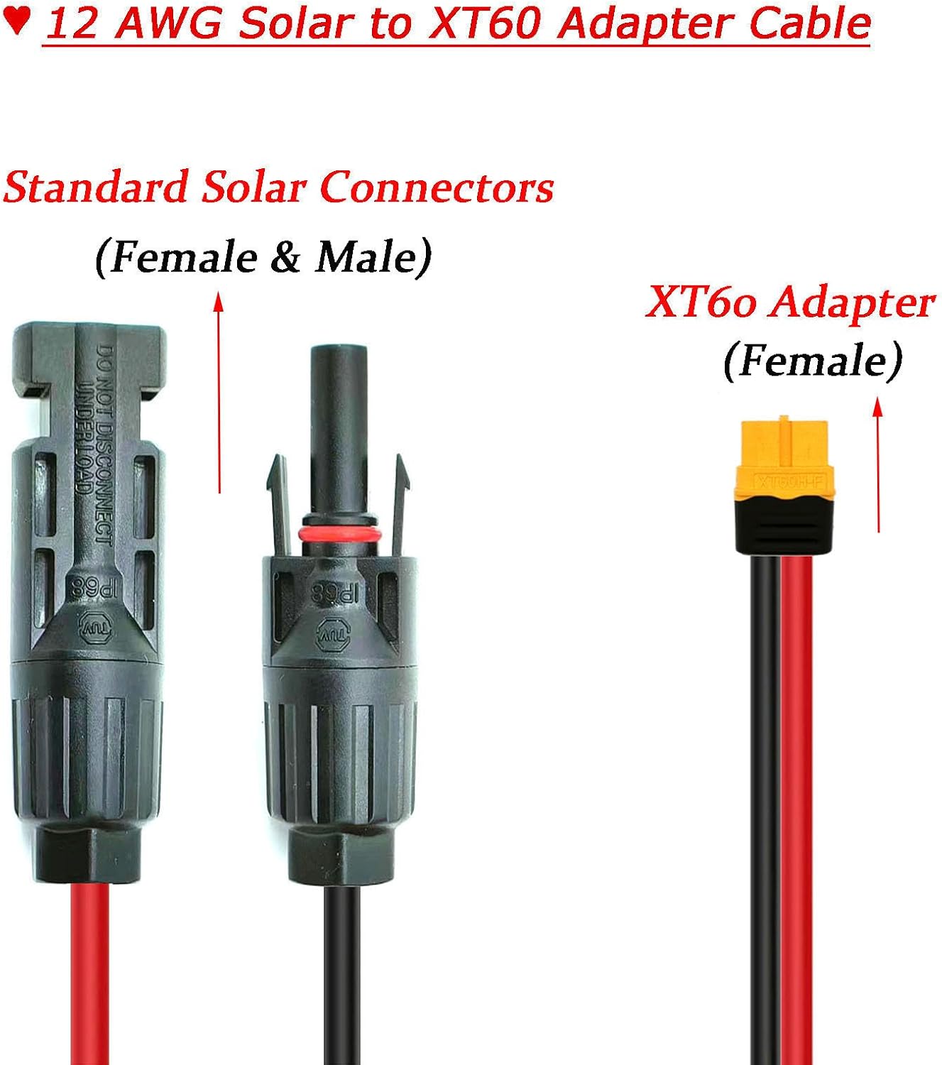 Solar XT60 Adapter Charge Cable 50FT, Solar to XT60 Extension Cord 12AWG for LifePo4 Batteries, Power Stations, Generators