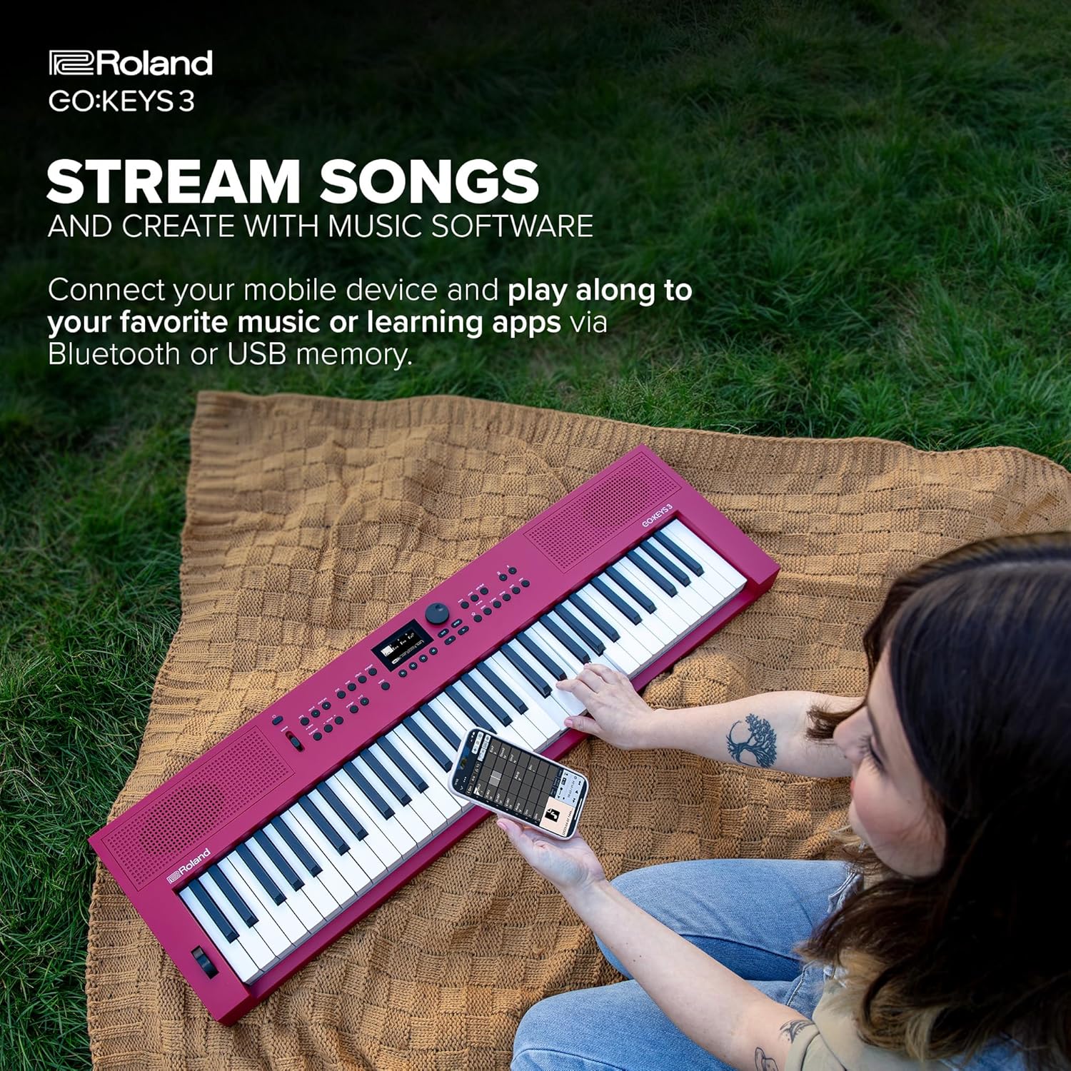 Roland GO:KEYS 3 Music Creation Keyboard | 61-Note Keyboard | Built-In Stereo Speakers | Bluetooth Audio/MIDI Support for Music Streaming - Dark Red