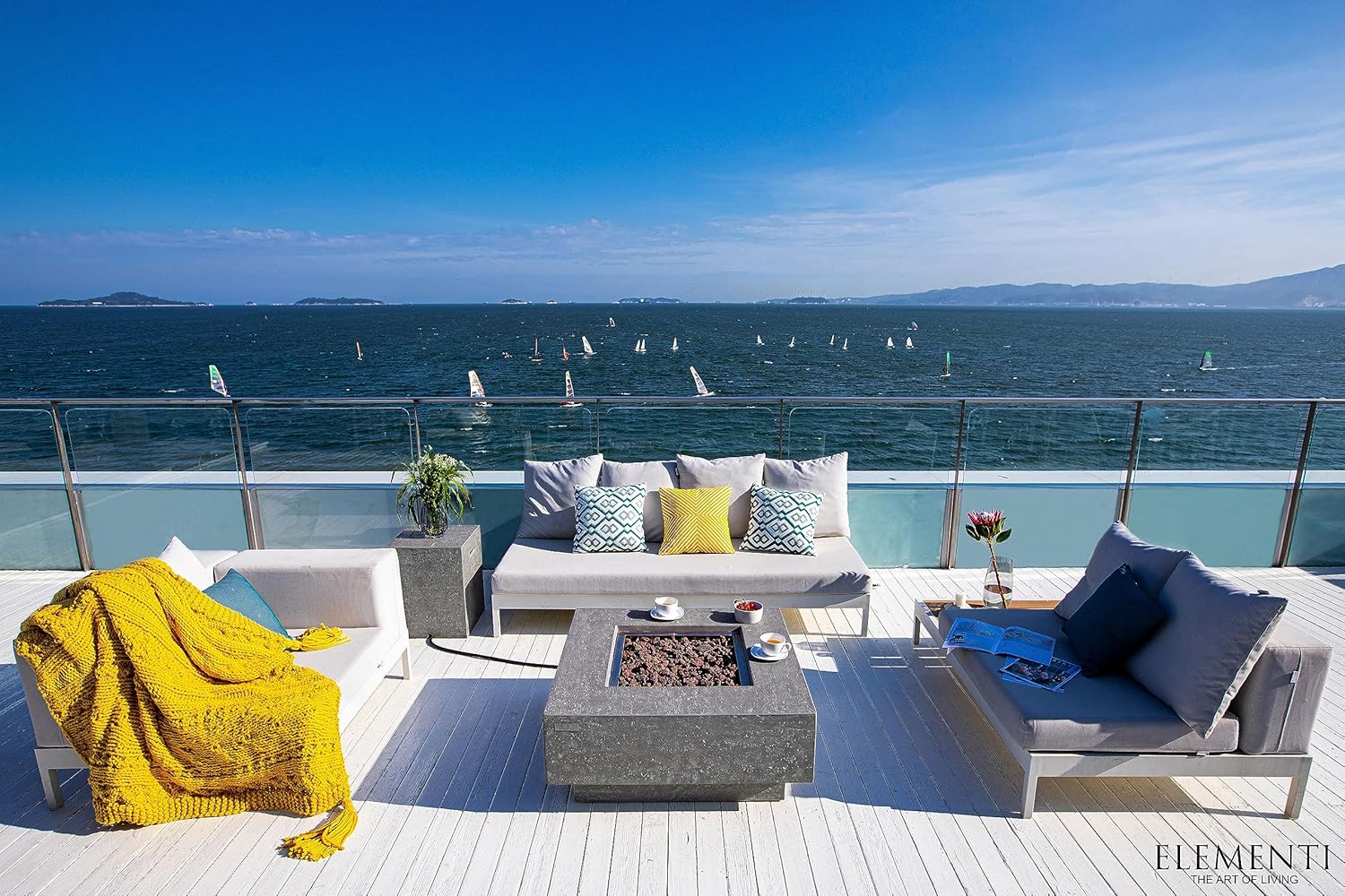 Elementi Manhattan Gas Fire Pit Bundle Concrete Fire Table, Outdoor Fire Pit Electronic Ignition | Canvas Cover, Lava Rock Included | Free AMS Wind Guard | Light Gray (Propane Gas)