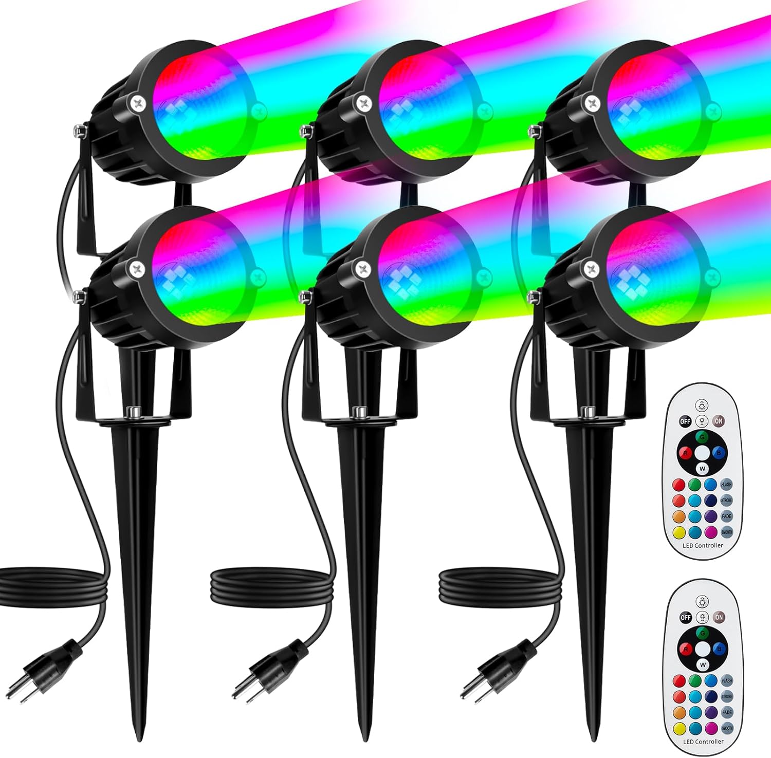 PYDS Christmas Spotlights Outdoor, 12W RGBW Halloween Spot Lights with Remote, 120V Plug-in Color Changing LED Landscape Lighting with IP65 Waterproof for Yard Garden Tree Decor, 6 Pack