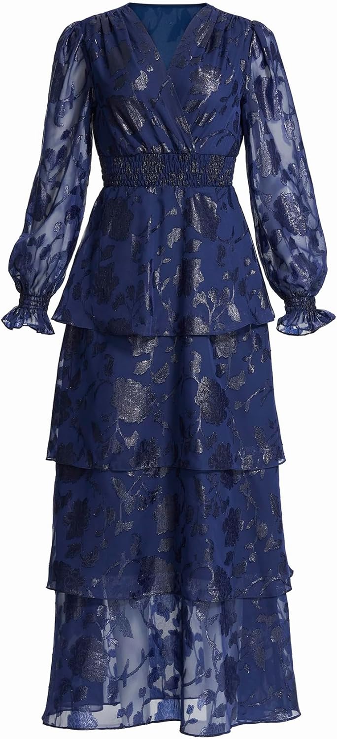 Anne Klein Womens Long Sleeve Tiered Printed Chiffon Maxi Dress