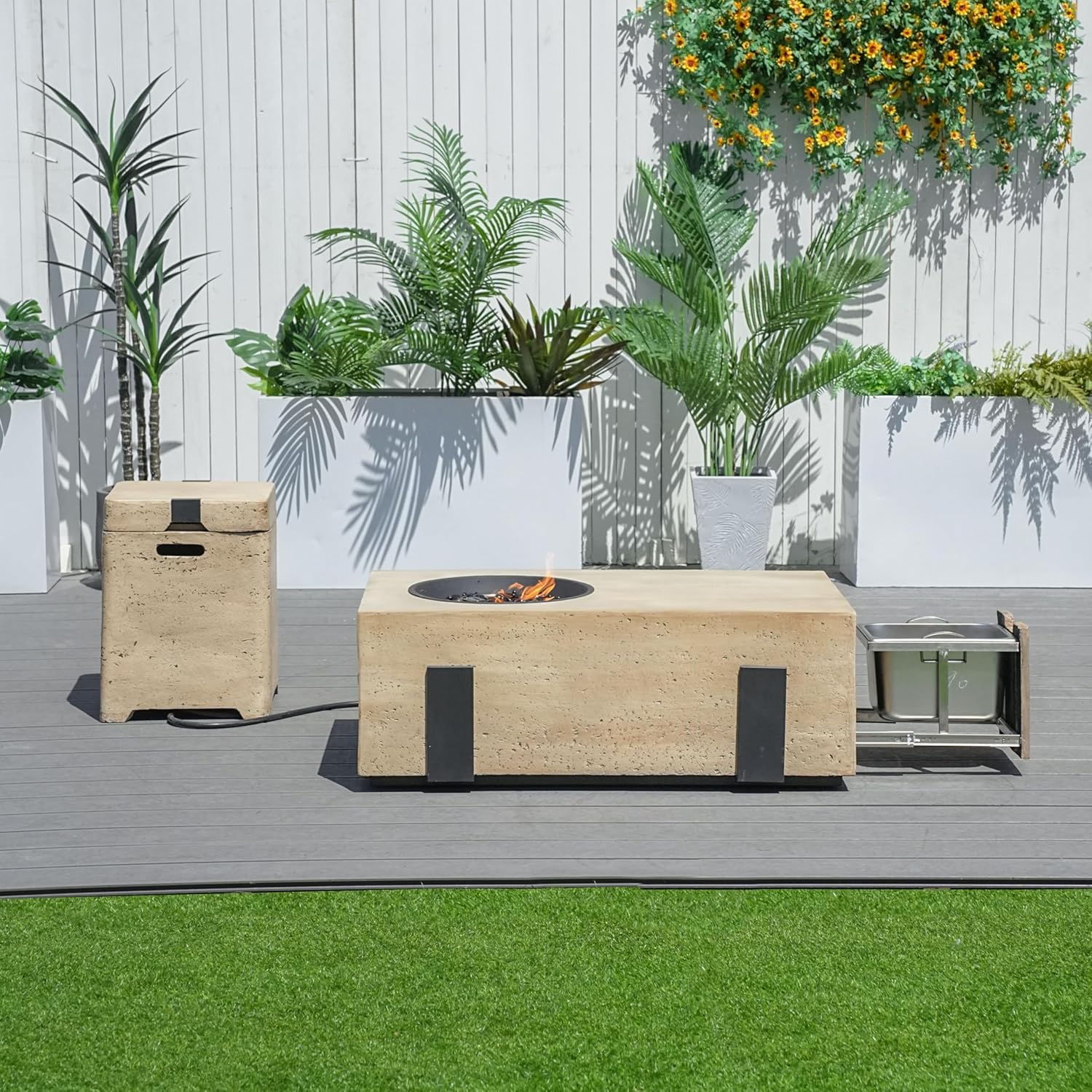 2 Piece 42-Inch Outdoor Fire Pit Table with 40,000 BTU Propane Gas, 3 in 1 Fire Pit, Baking Sheet, Wind Guard & 16-Inch Tank Side Table for Garden, Backyard, Deck & Pool, Brown