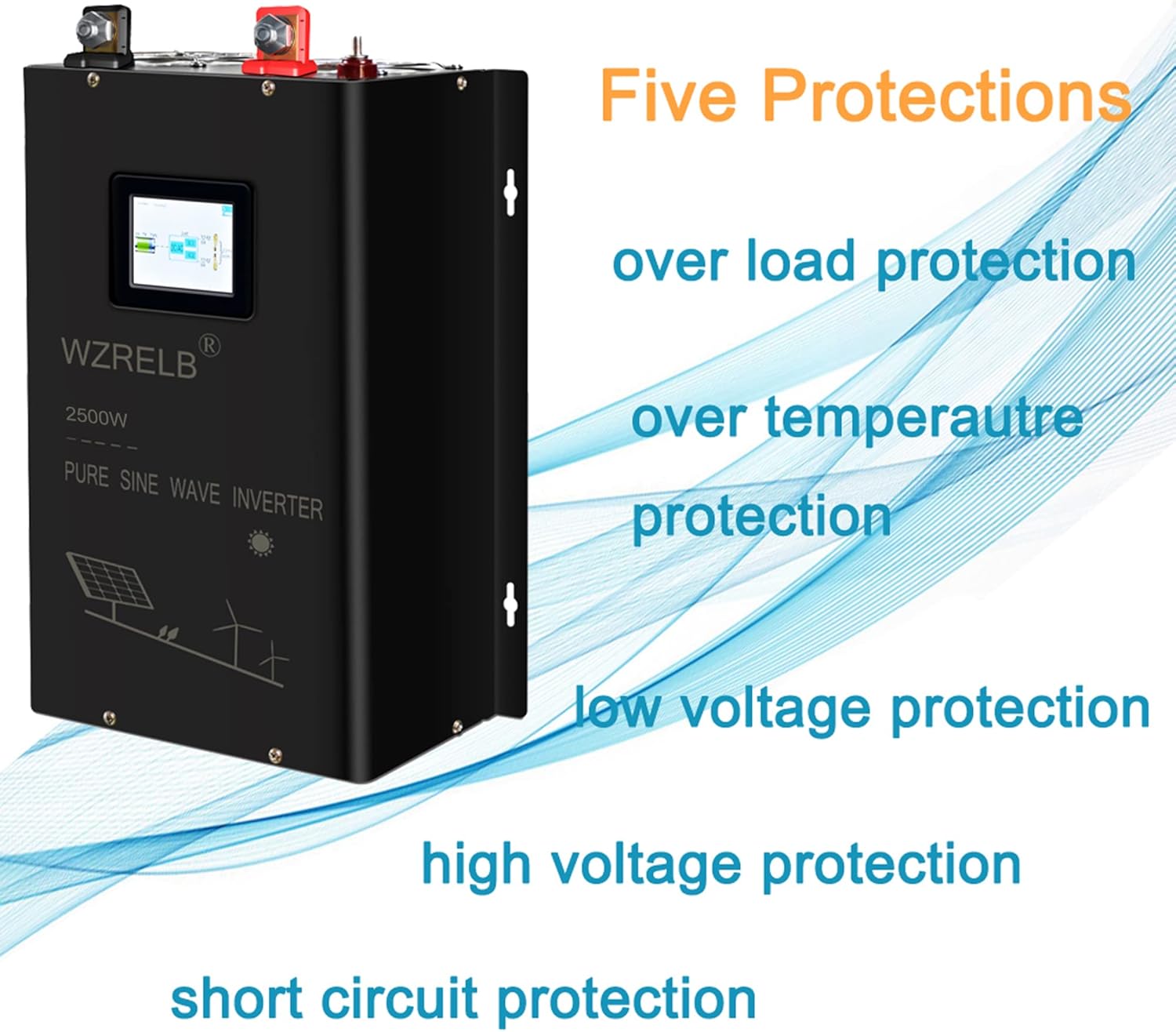 WZRELB 2500W 24V Pure Sine Wave Inverter,24 Volt DC to AC 120V 240V Split Phase Power Inverter,5KW Surge,5 AC Outlets,AC Hardwire Terminal,15ft LCD Remote Panel