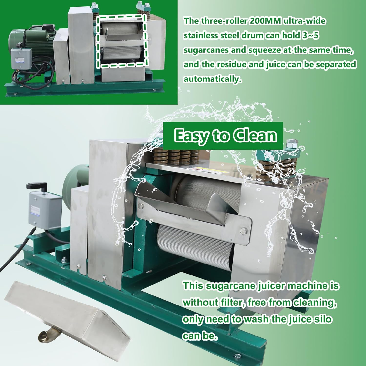 Commercial Electric Sugarcane Juicer 3-Roller Industrial Sugar Cane Press Machine 1760LBS/H High Output 220V Horizontal Stainless Steel Cane Juice Extractor Squeezer Auto Gap Adjustment