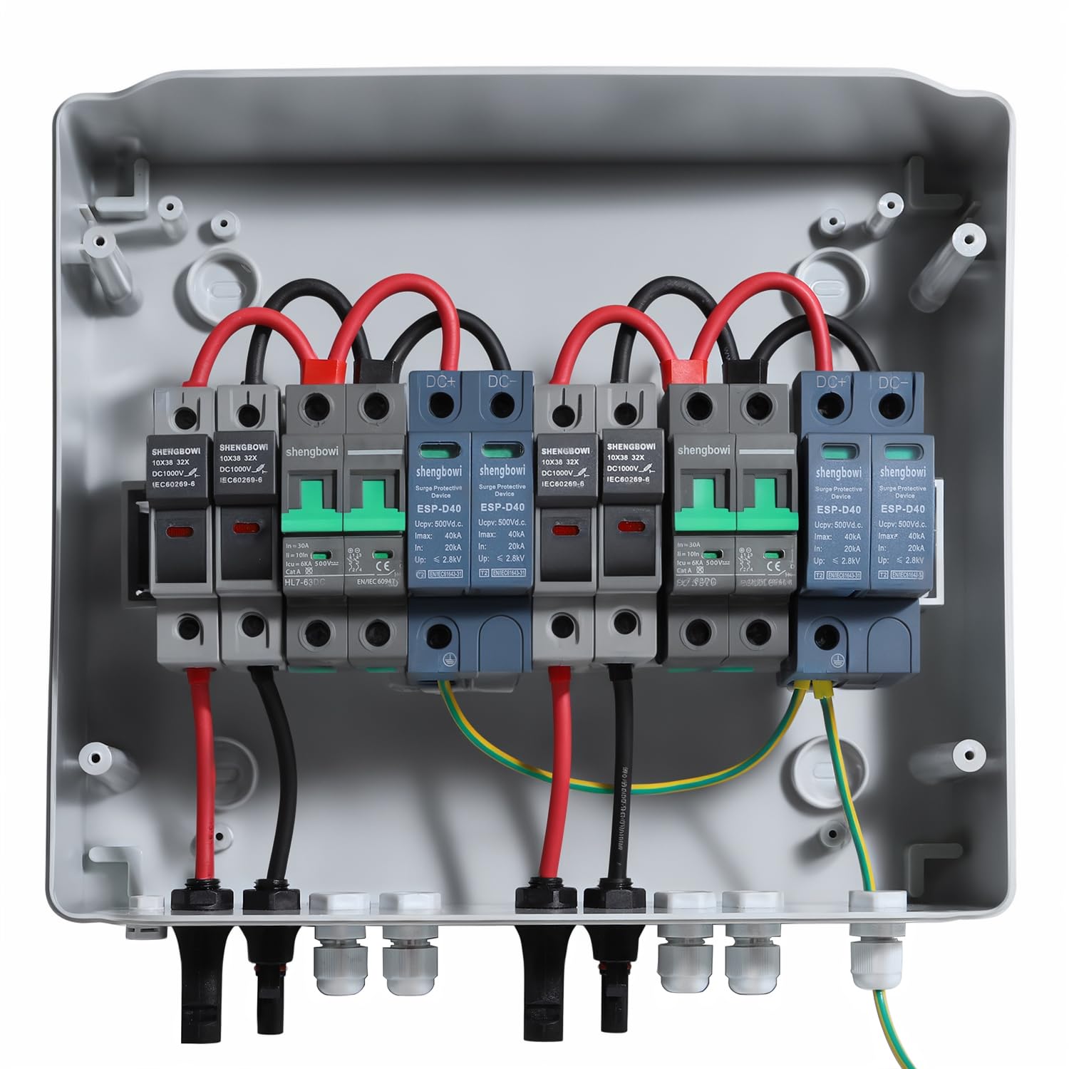 2 String Solar PV Combiner Box 2 in 2 Out IP65 DC500V 32A Circuit Breaker Surge Protector PV Fuse Solar Disconnect Switch Outdoor Waterproof Solar Panels System