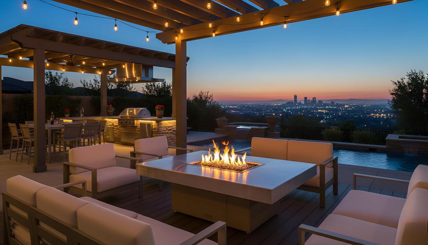 COOKE Santa Barbara Rectangular Fire Pit Table - 40 x 30 - Propane - Brushed Aluminum Top -Beige Powdercoat Base