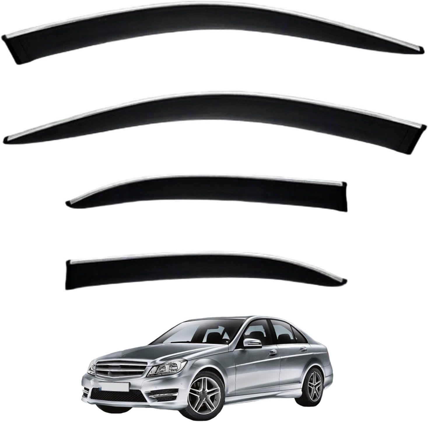 Window Deflectors for Benz C-Class Short Wheelbase MK3-W204 2007-2014, Sun Rain Guard Window Visors Vent Shades with Bright Stripes Car Accessories