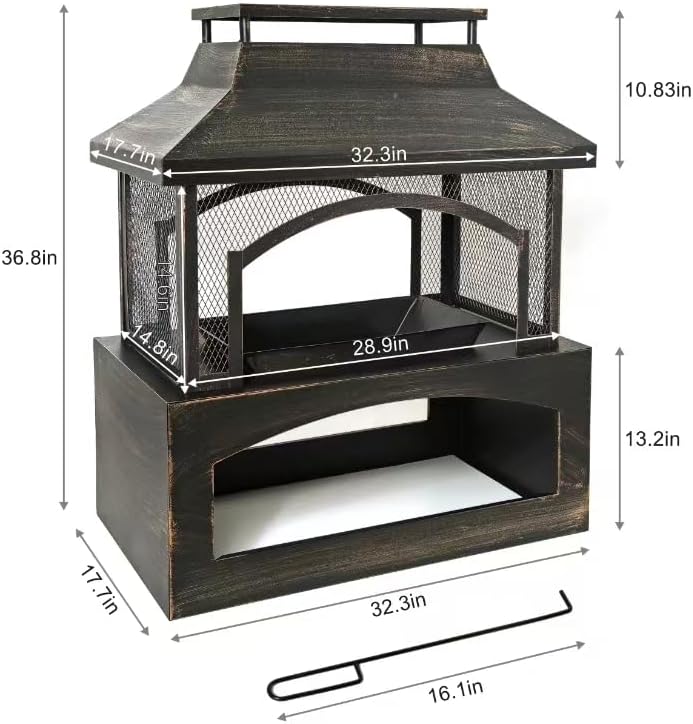 37 Inch Outdoor Fireplace, Wood Burning Fire Pit for Patio with Built-in Log Storage, Steel Rectangular Fire Table with Poker for Camping, Garden, Backyard, Antique Brass