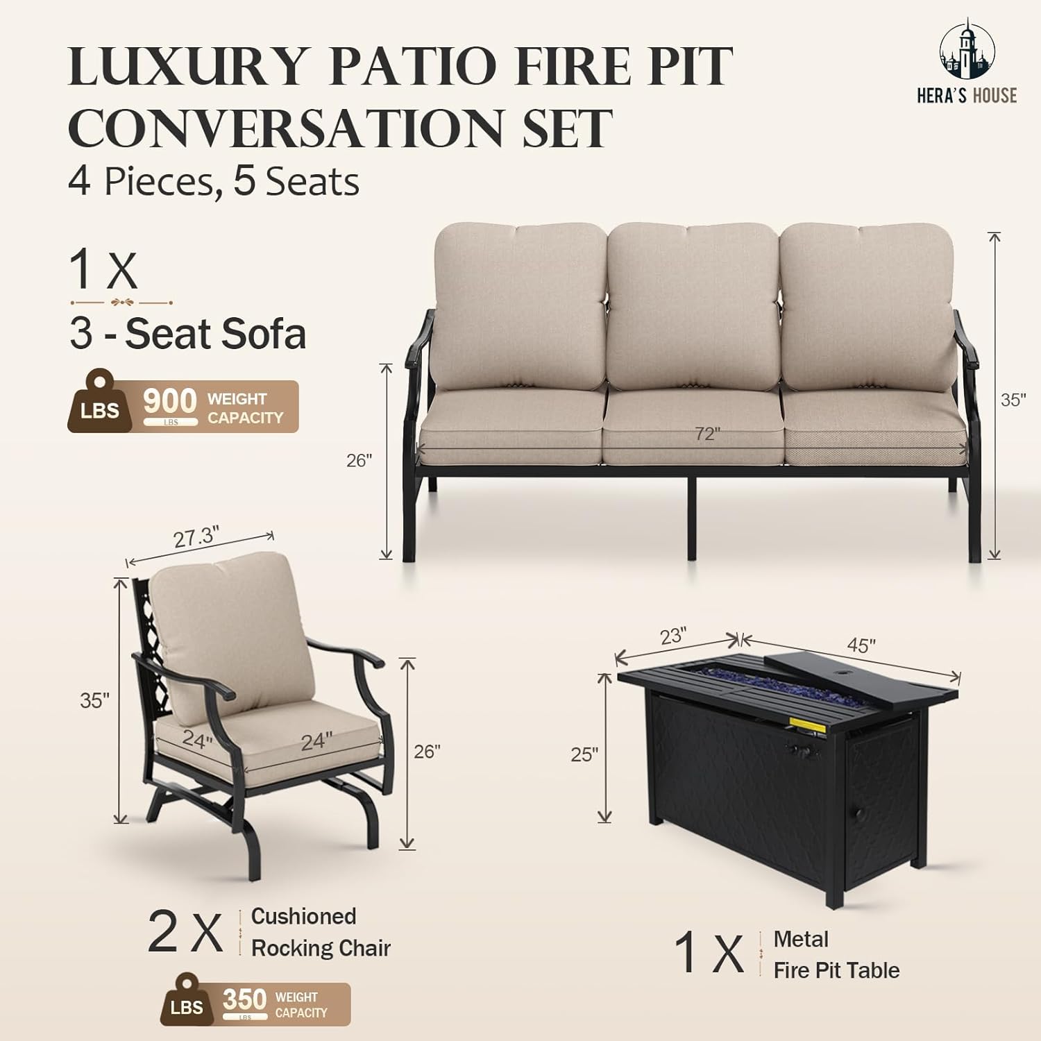 HERA'S HOUSE 4 Pieces Patio Furniture Set with Fire Pit Table, 2 x Rocking Chair, 3-Seat Sofa with 45