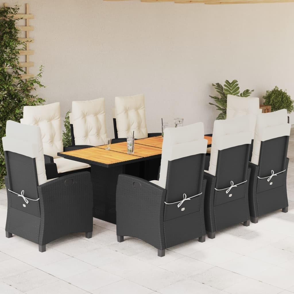 9 Piece Patio Dining Set with Cushions Black Poly Rattan,Reclining Garden Dining Set with Adjustable Backrest and Acacia Wood Tabletop Furniture Sets for Patio, Lawn & Garden