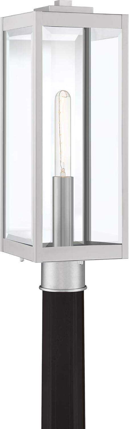 Quoizel Westover Outdoor Post Lantern, 21.25 Inch 1-Light Stainless Steel Modern Lamp Post, Clear Beveled Glass, Outside Pole Light for Patio, Porch, Fences, Garden, Pool or Driveway