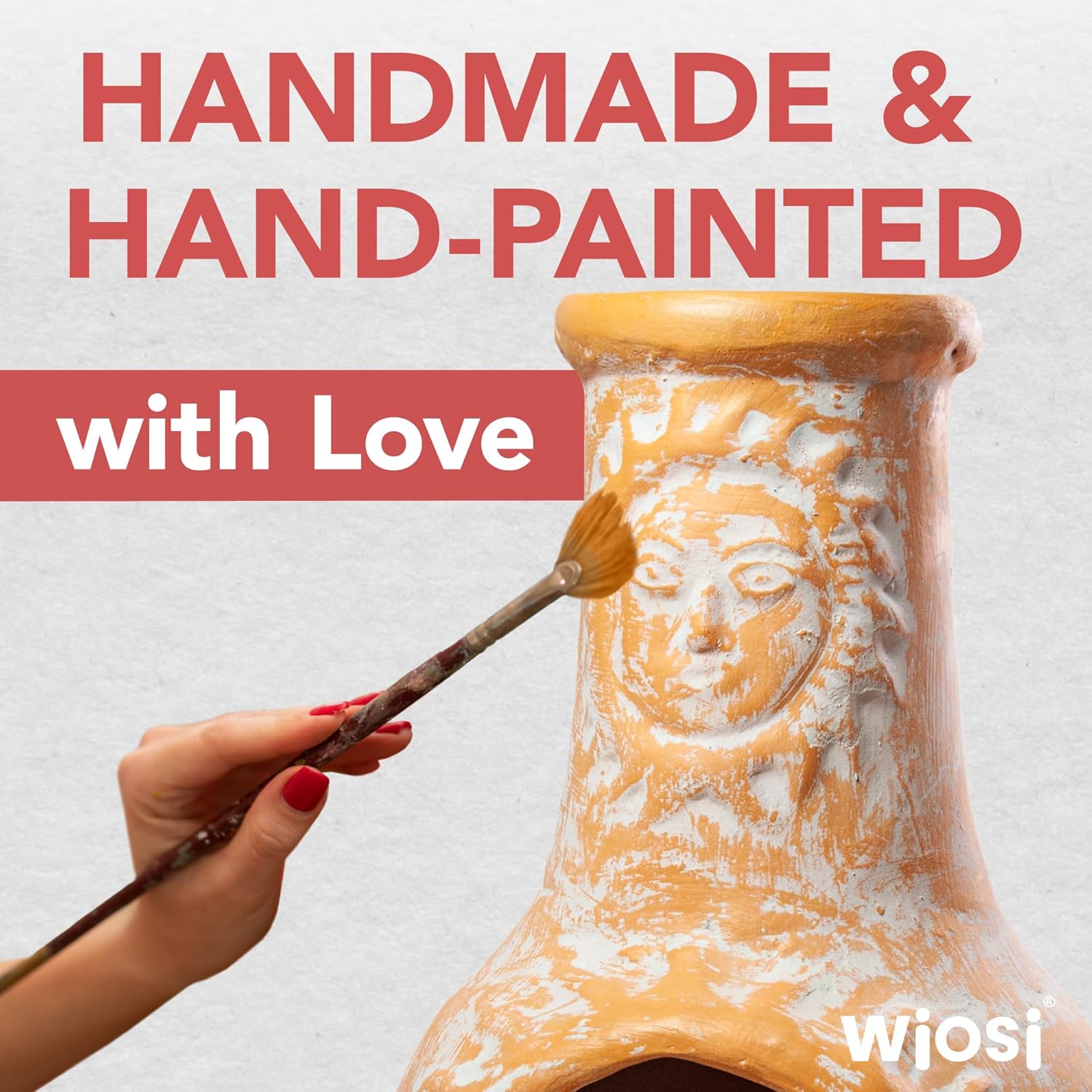 Wiosi Medium 𝗖𝗵𝗶𝗺𝗶𝗻𝗲𝗮 Outdoor Fireplace for Patio Clay Chimineas with Chimney Rain Lids and Solid Metal Stands - Yellow Terracotta Chimenea - Rustic Wooden Fire Pit Chimnea 16 x 16 x 32-inch