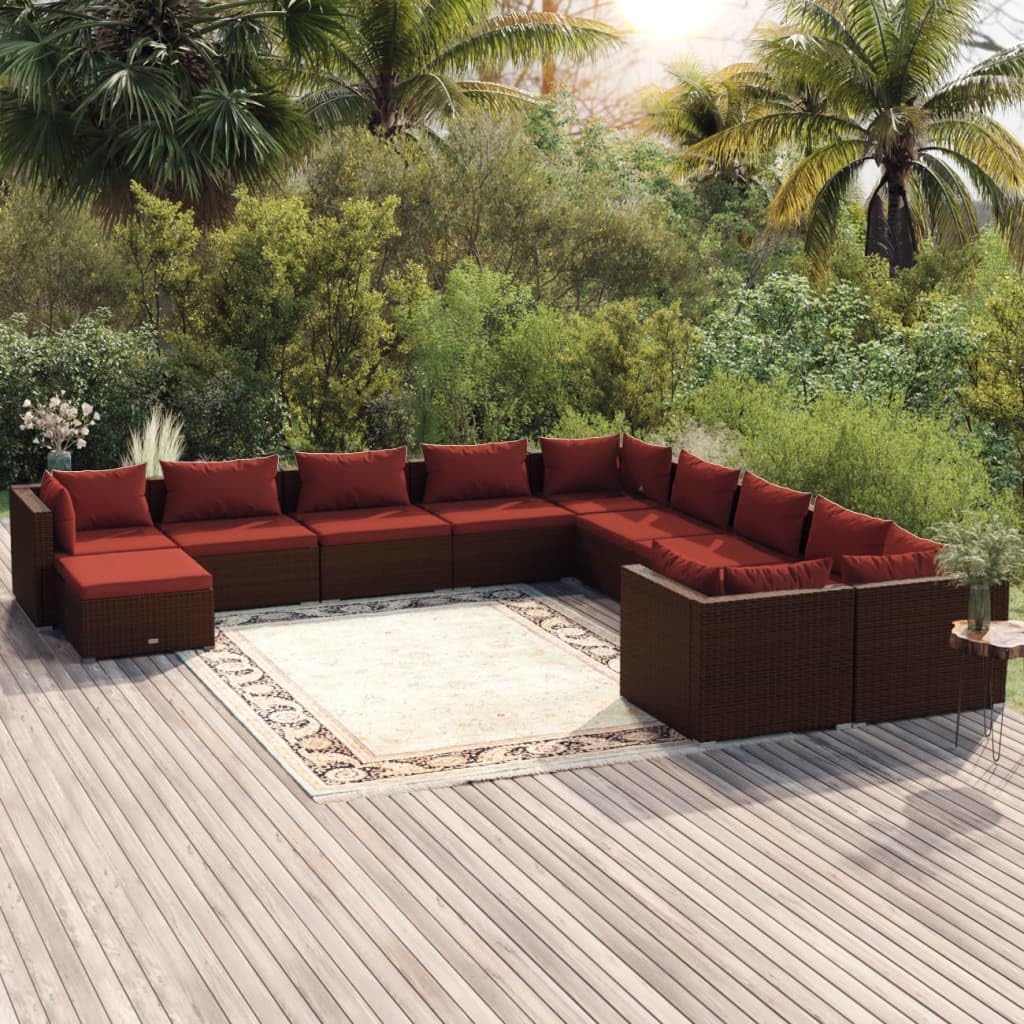 11 Piece Patio Lounge Set with Cushions Poly Rattan Brown,Comfortable Modular Poly Rattan Patio Lounge Set with Cushions for Outdoor Relaxation Patio Furniture Sets, Outdoor Furniture Sets