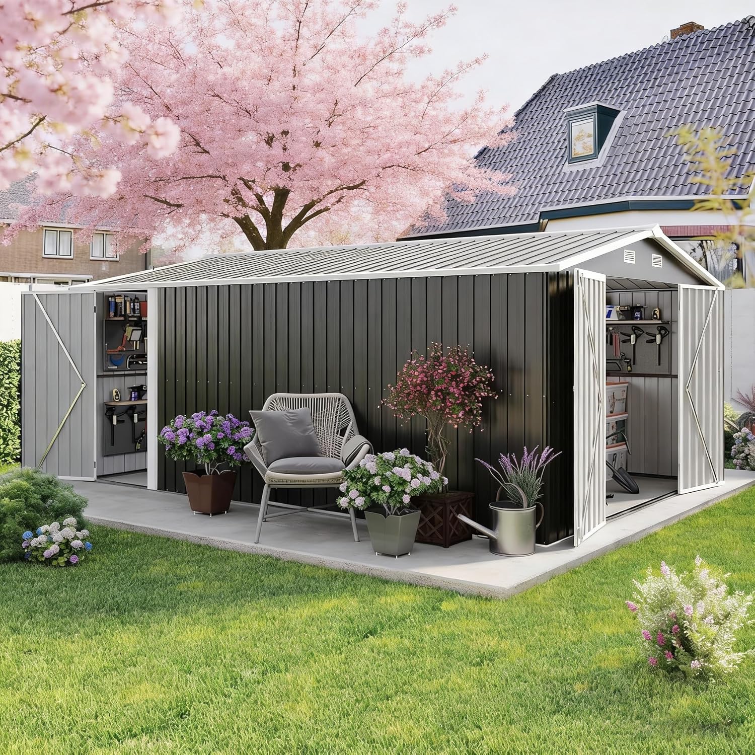 10x14 FT Outdoor Storage Shed, Large Metal Garden Shed with Side Door, Outside Tool Sheds with 3 Lockable Hinged Doors, Waterproof Storage Building with 4 Air Vents for Backyard, Patio, Dark Gray