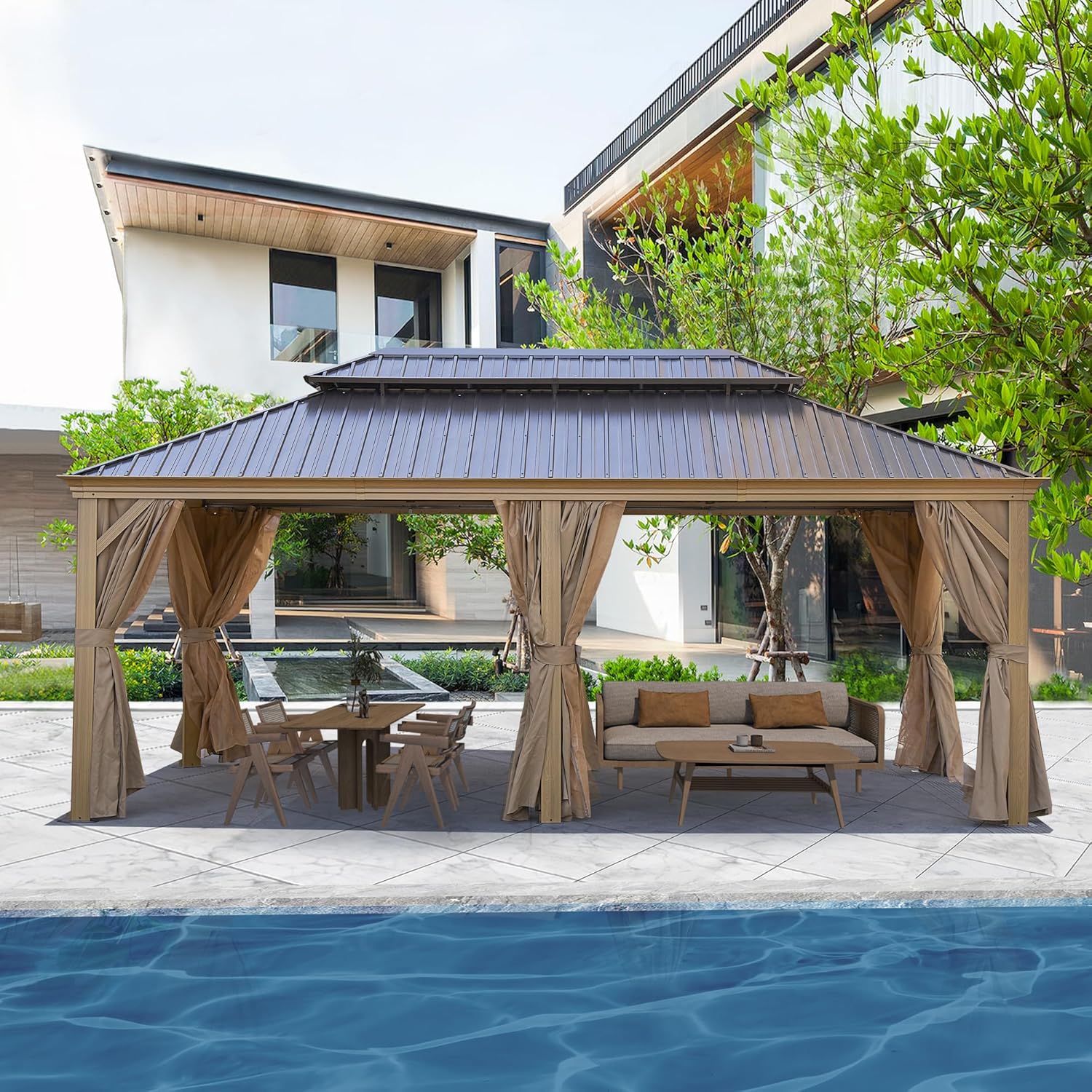 Endark 12x20FT Hardtop Gazebo with Galvanized Steel Double Roof, Outdoor Wood-Look Aluminum Frame Canopy with Netting and Removable Zippered Curtains, Pergolas for Patio, Garden, Lawn and Backyard