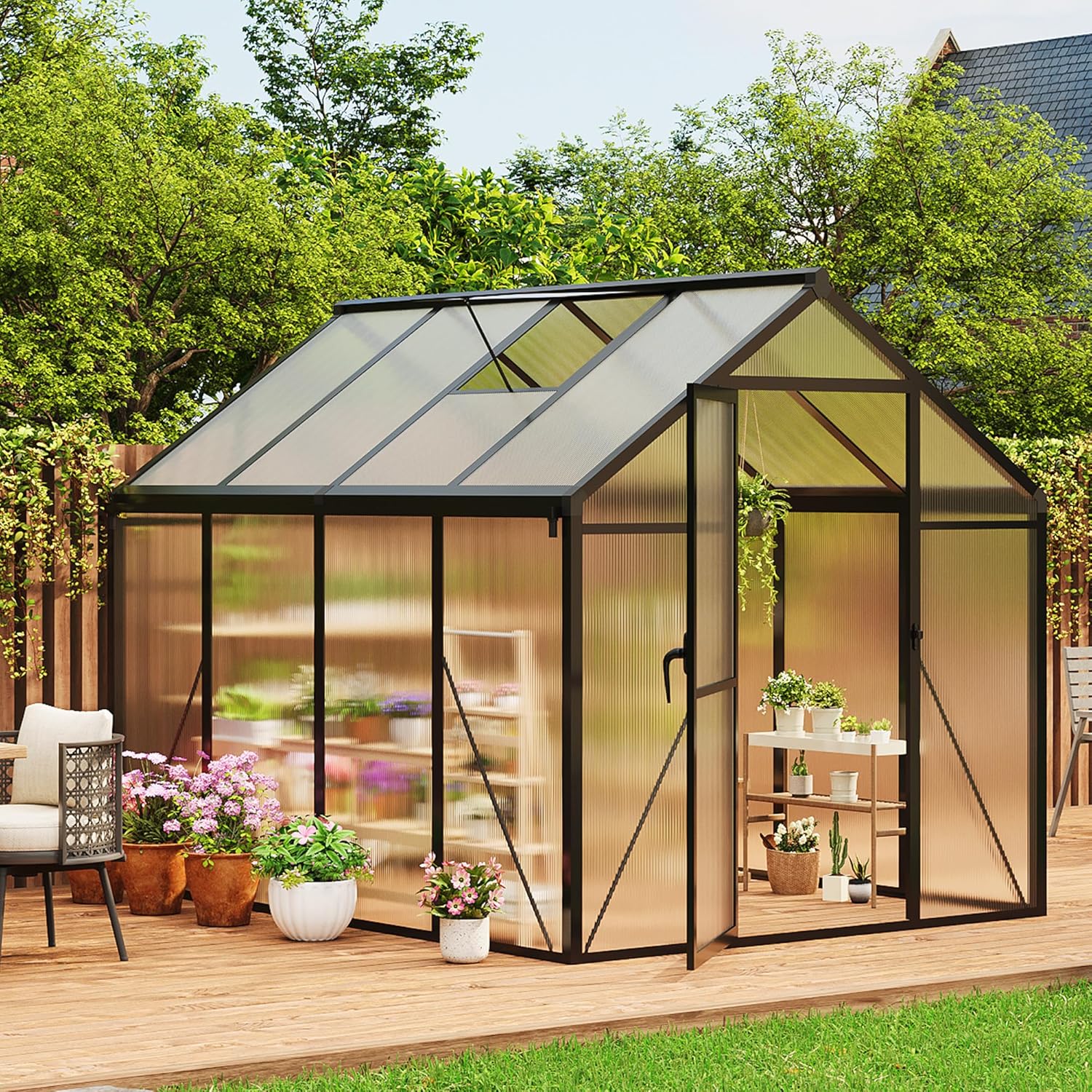 6x8ft Greenhouse Aluminum Greenhouse for Outdoors with Roof Vent, Lockable Outward-Opening Swing Door, Heavy-Duty Polycarbonate Walk-in Green House for Garden, Backyard, Patio, Lawn, Dark Grey