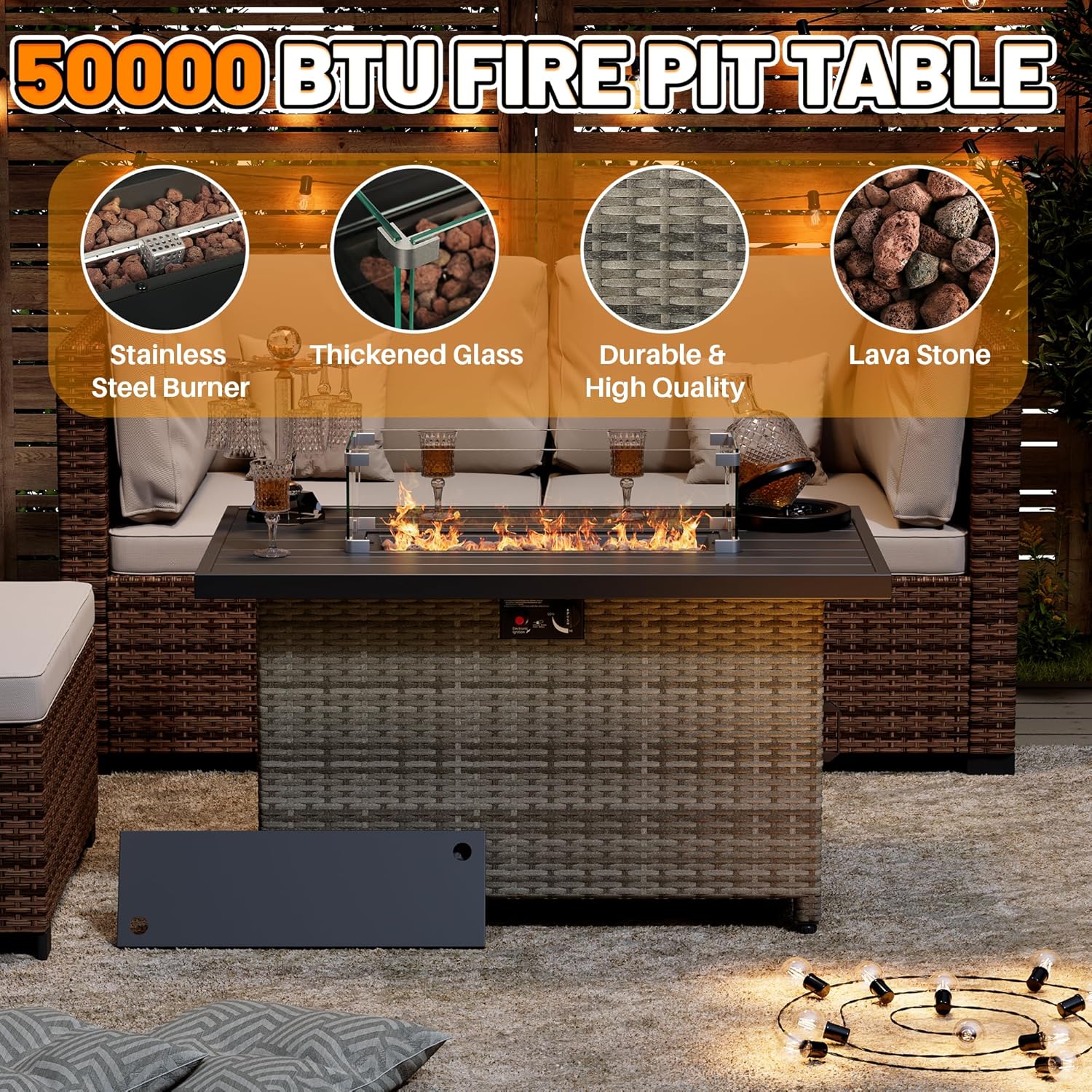 LHBcraft 44 Inch Propane Fire Pit, 50000 BTU Fire Pit Table with Glass Wind Guard and Lid, Gas Fire Pits for Outside Patio and Garden(Grey)