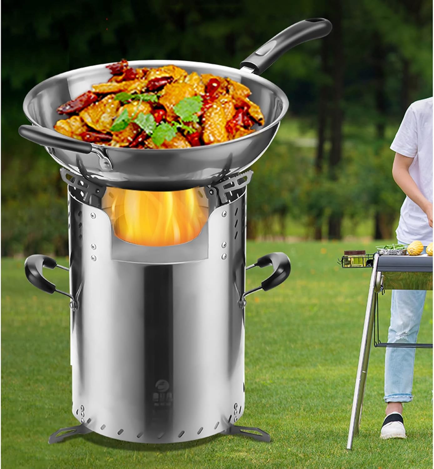 Firewood Stove, Fire Pit Outdoor Wood Burning Cast Iron Firepit Firebowl Fireplace Heater Log Charcoal Burner, with External Blower and Storage Bag,A