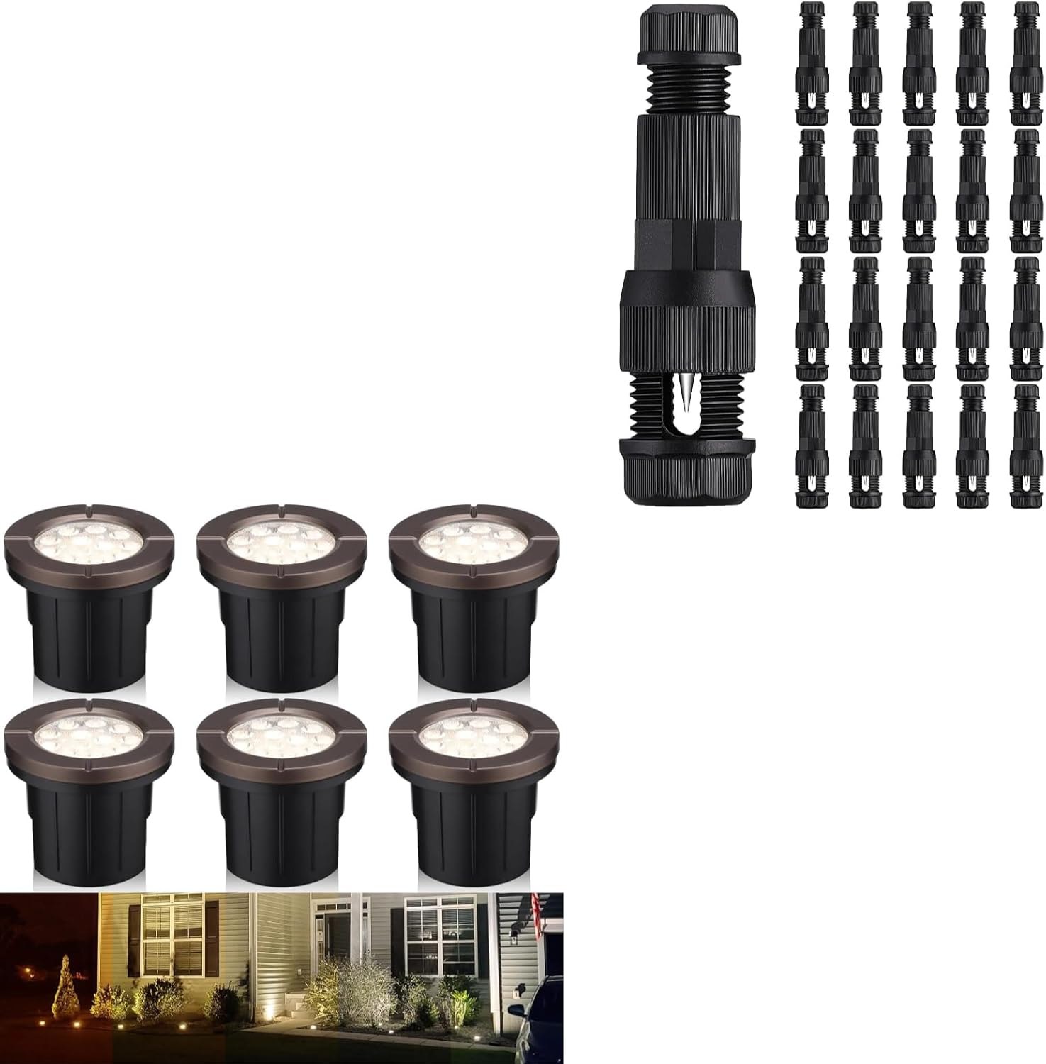 LEONLITE Well Lights Bundle Wire Connectors, 6-Pack Well Lights Landscape LED In Ground Outdoor, 12-24V AC/DC, 5CCT & 20-Pack Fastlock Wire Connectors for Landscape Lighting