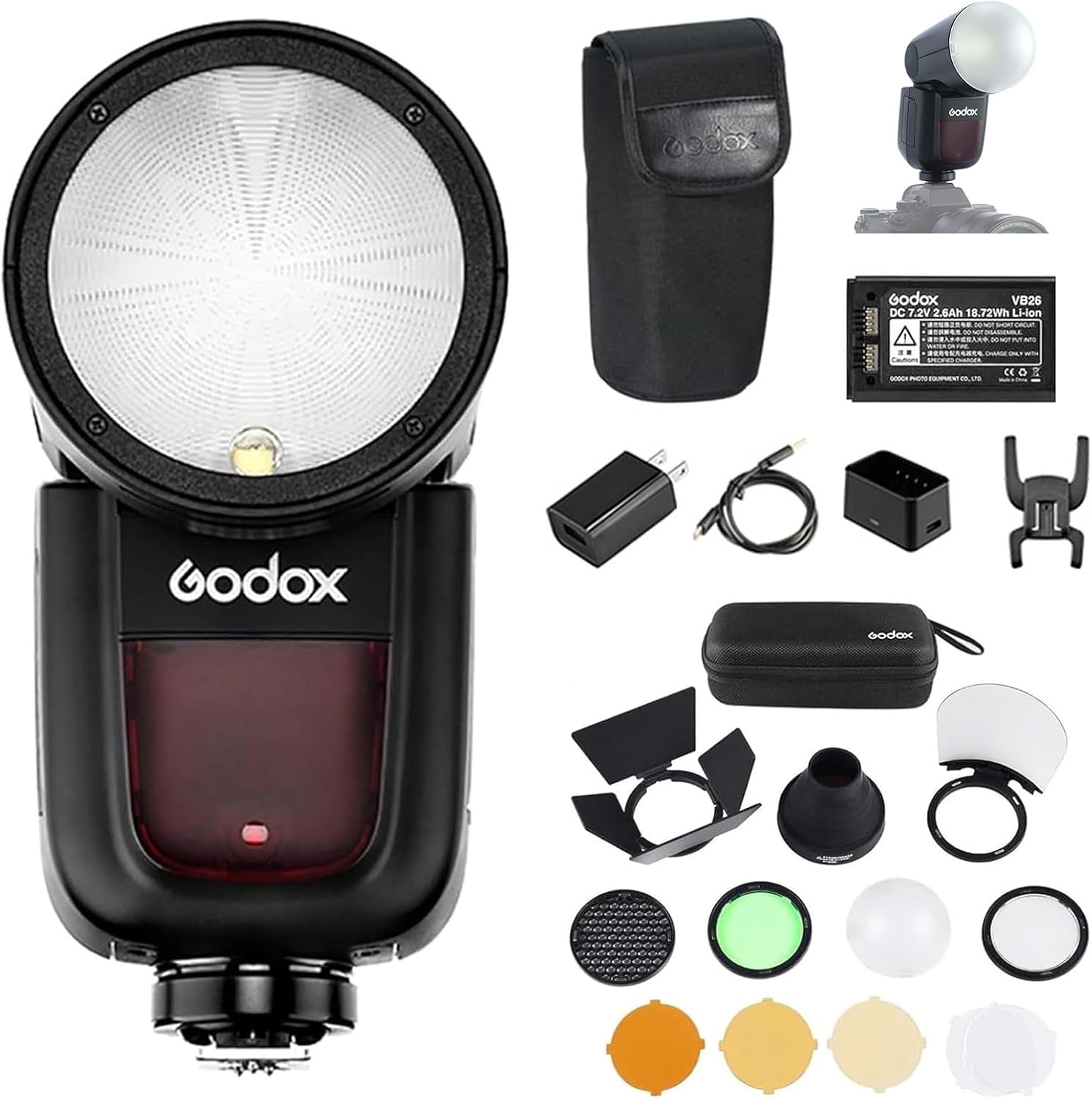 Godox V1 V1N Camera Flash with AK-R1 Accessories Kit for Nikon, V1-N 76Ws 2.4G TTL HSS Flash Speedlite Speedlight Kit with Diffusion Dome, 4 Filters, Snoot, Honeycomb Grid, 4-Way Barn Door