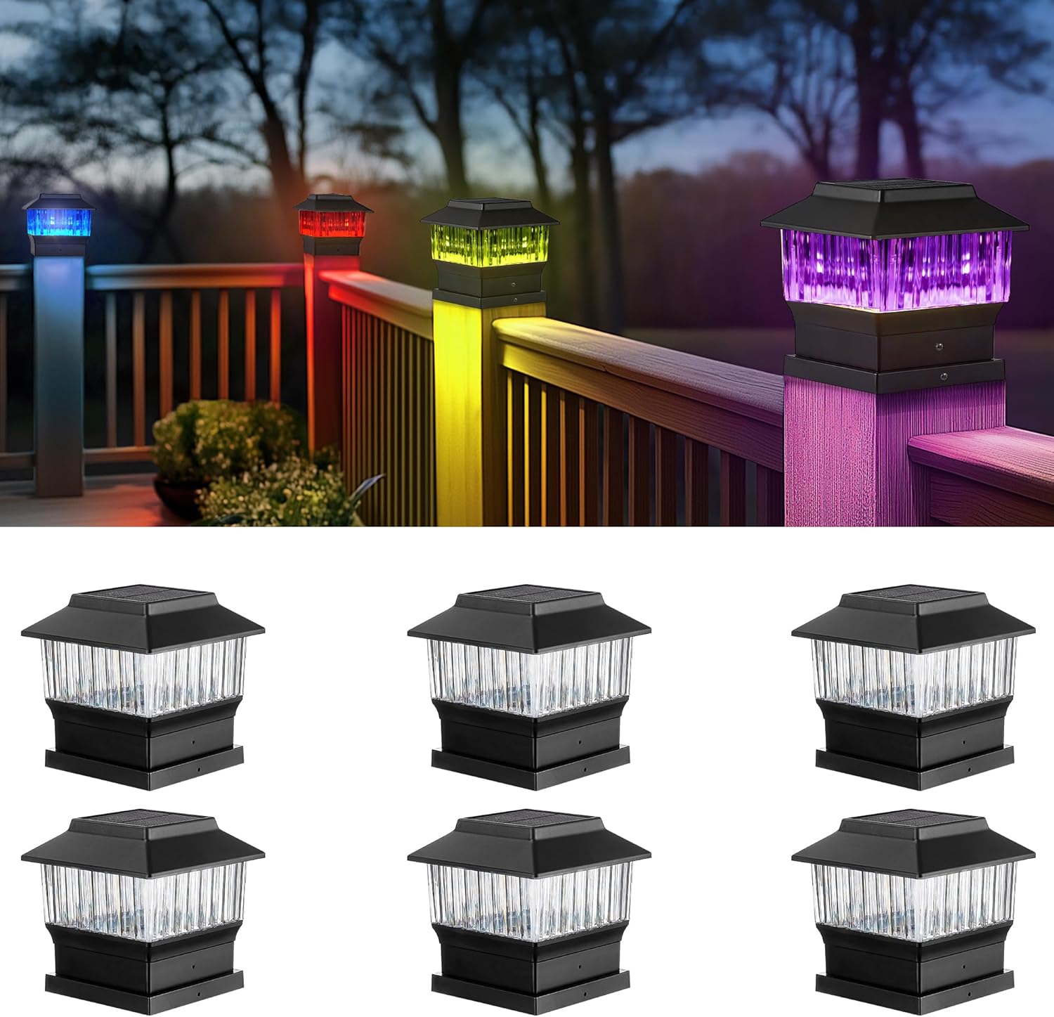 RGB&Warm Solar Post Cap Lights 50 Lumen, Outdoor 4x4 3.5x3.5 4.5x4.5 or 5.5x5.5 Led Fence Deck Patio Garden Post Lights for Christmas Halloween Parties(Black, 6 Pack)