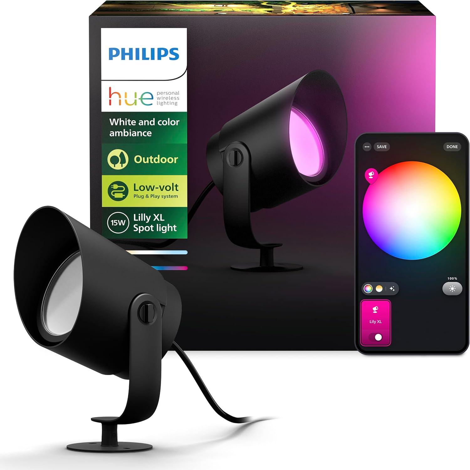 Philips Hue Lily XL Outdoor Smart Spot Light - White & Color Ambiance LED Walkway Lights - Low Voltage Lighting - 1 Pack - Requires Bridge and Power Supply - Control with App and Voice - Weatherproof