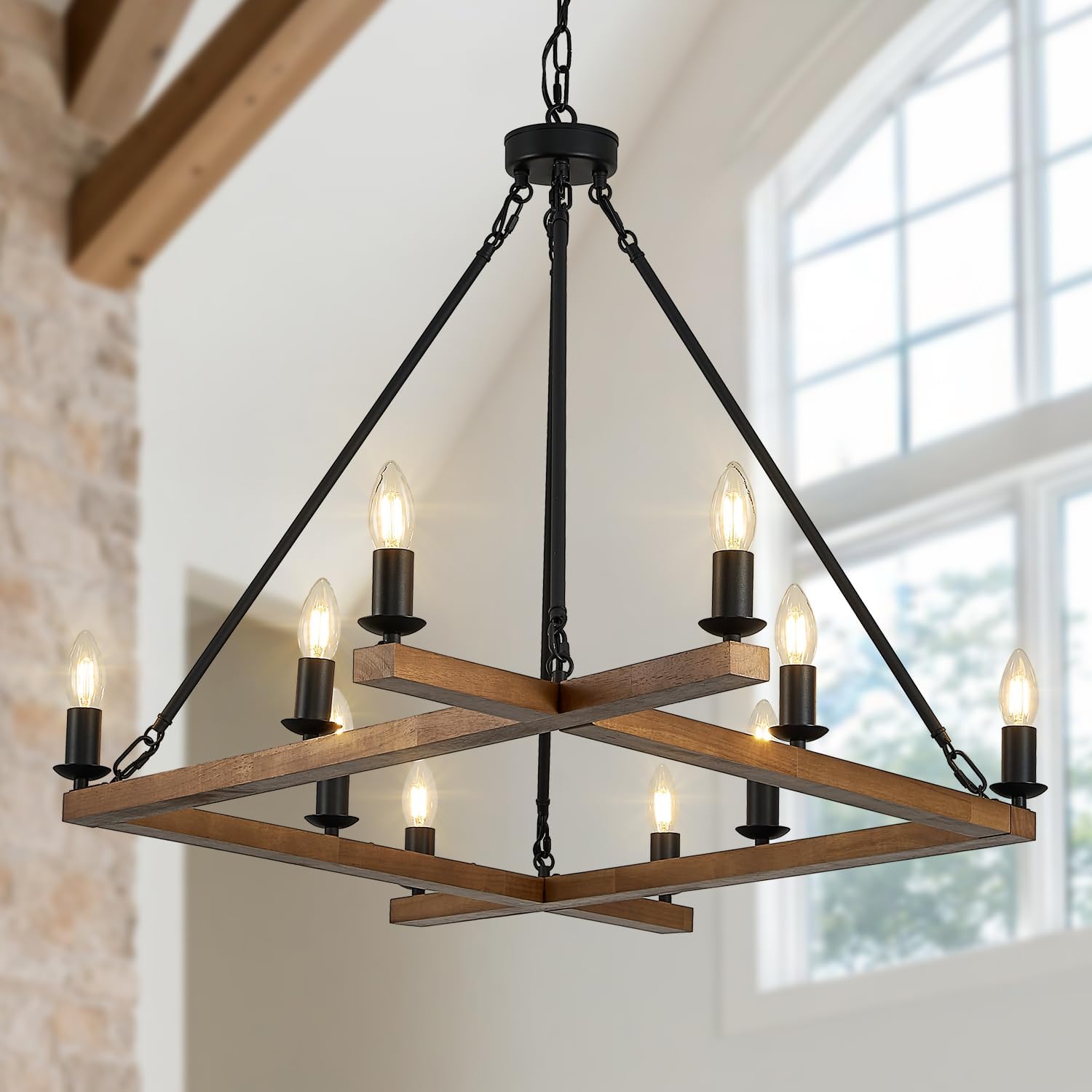 Rustic Oak Wooden Square Chandelier 10-Light L53'' Farmhouse Unique Rectangular Candle Chandelier Long Ceiling Pendant Lighting for High Ceiling Living Dining Room Foyer Kitchen Island, E12