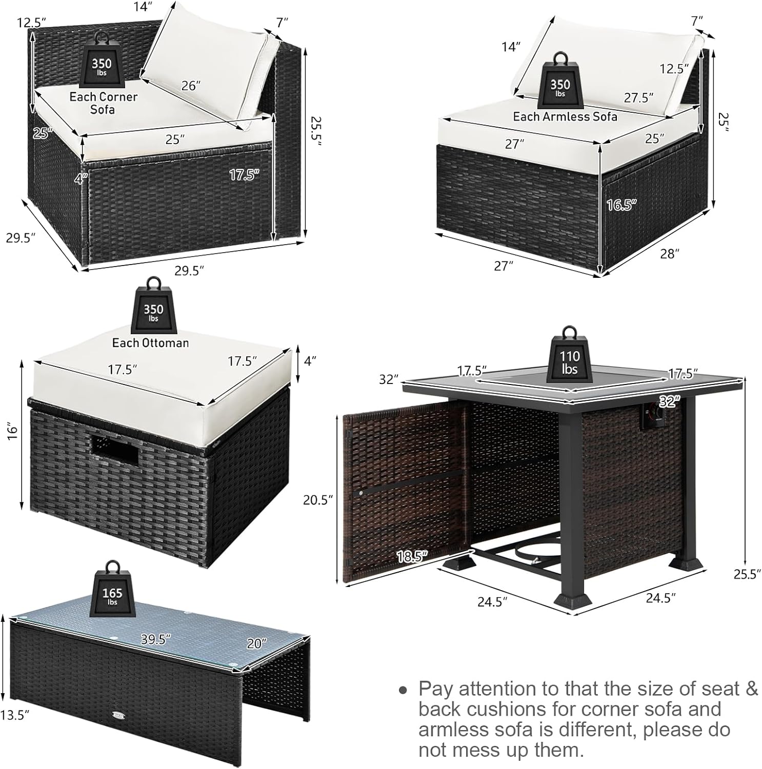 Tangkula 9 Pieces Patio Furniture Set with 32” Fire Pit Table, 50,000 BTU Square Propane Fire Pit, Space-Saving Outdoor PE Rattan Sectional Conversation Set with Rectangular Coffee Table (Black)