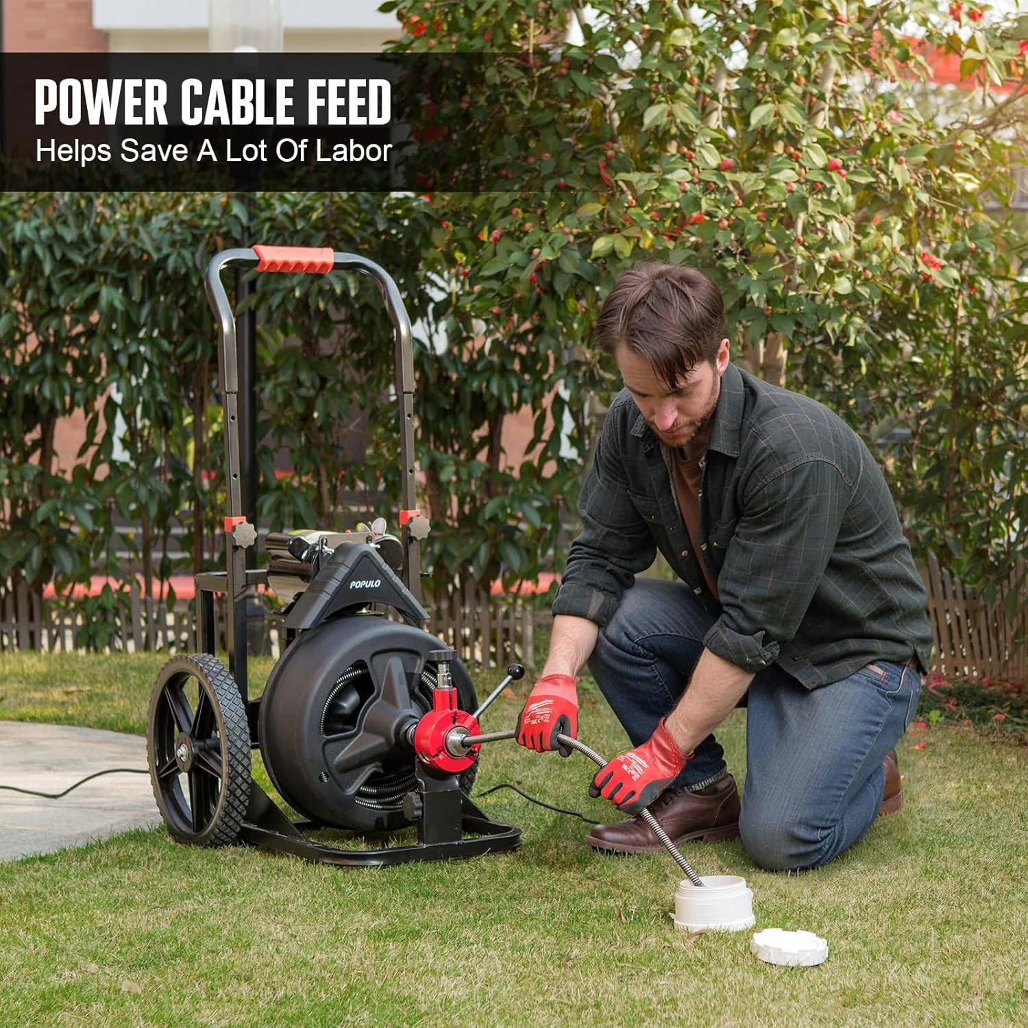 POPULO Drain Cleaner Machine 100Ft x 3/8 Inch, Auto feed Sewer Snake Auger on Wheels, Electric Drain Auger Professional for 1.5 to 3 Inch Pipes & Foot Switch with 8 Cutters