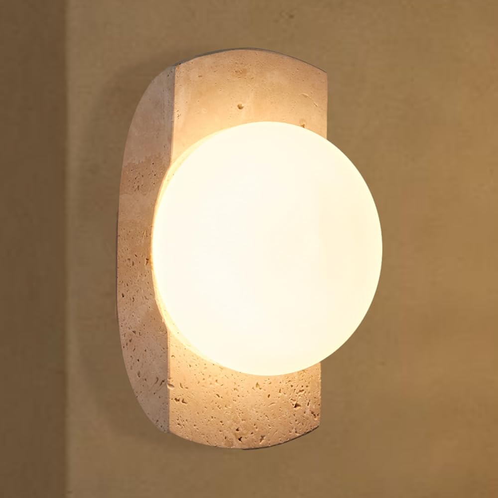 Travertine Opaline Wall Sconce, Unlacquered Brass Accents & Travertine Indoor/Outdoor Wall Sconce, Wall Light for Living Room, Bedroom, Exterior, 6.9 w x 5.5 d x 10.9 h