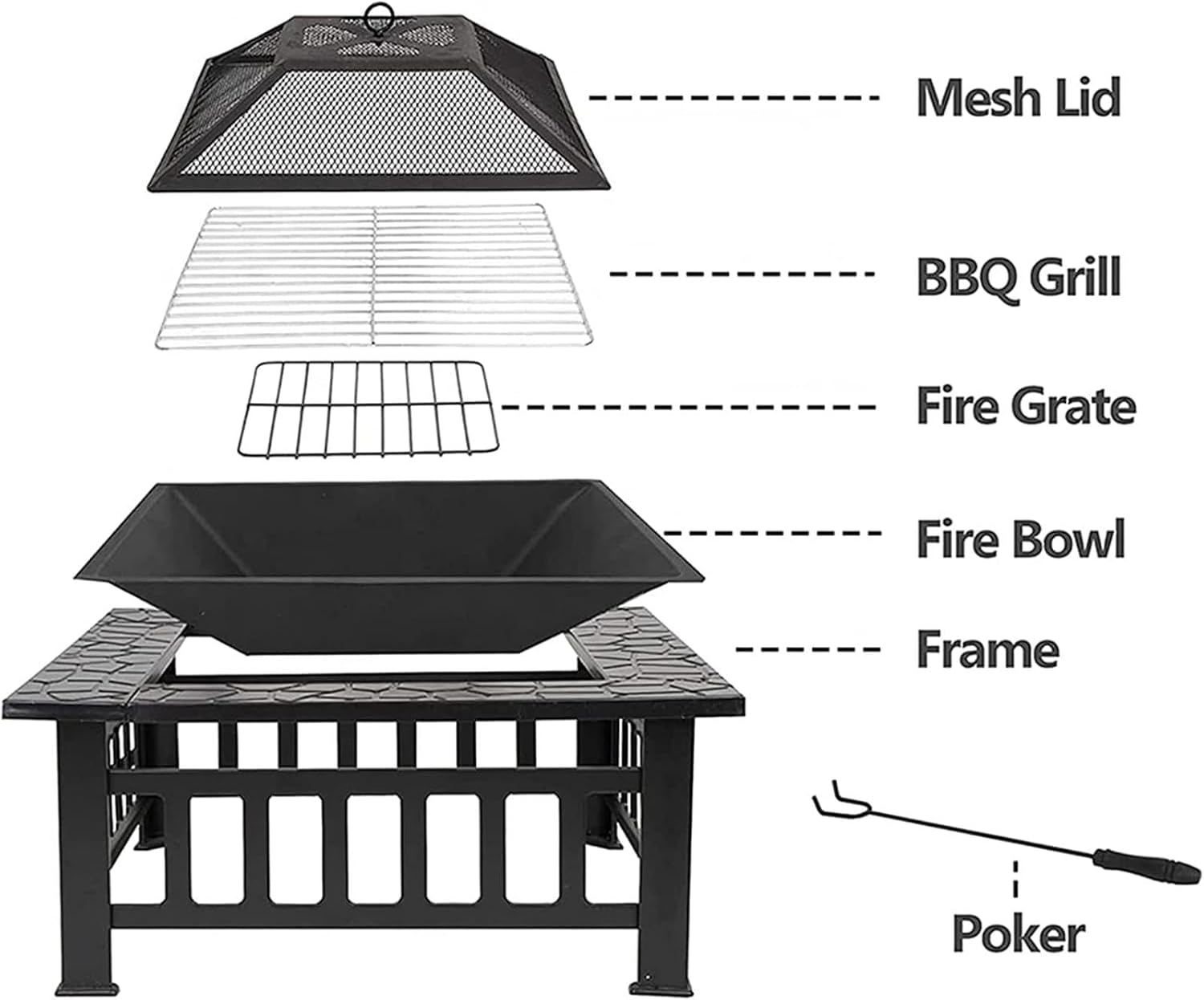 BBQ Grill Outdoor Large Outdoor Fire Pits, 32in Square Bonfire Firepit, Wood Burning Fireplace Stove w/Spark Cover Screen & Poker & Grill Grate