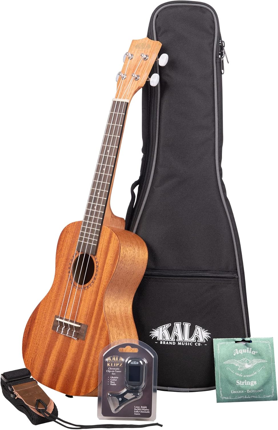 Kala KA-15 Series Satin Mahogany Concert Ukulele Bundle with Rosewood Fingerboard, Tuner, Gig Bag, Strap & Aquila Super Nylgut Strings – Ideal for Beginners & Players of All Levels, 24 Inches