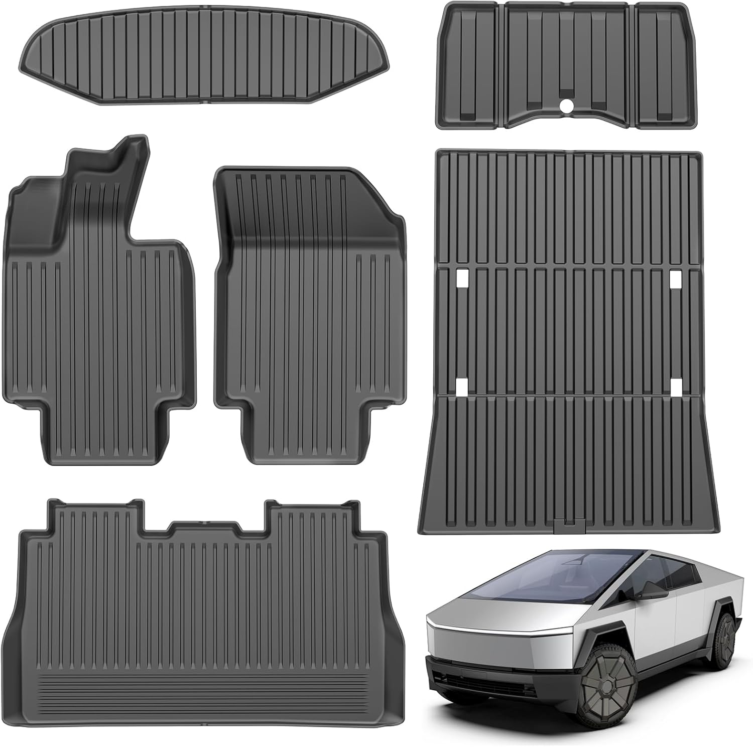Floor Mats for Tesla Cybertruck- 2024 2025 2026 Custom Fit All Weather TPE Cargo Liner Cargo Trunk Accessories（Tesla Cybertruck Full Floor Mat Kit Set of 6）