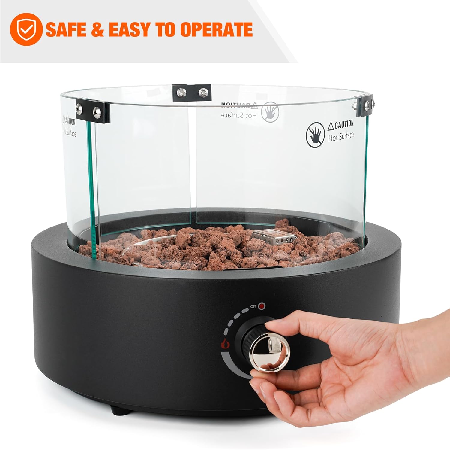 ONLYFIRE OUTDOOR LIVING Tabletop Propane Gas Fire Pit Side-Mounted, Portable Smokeless Gas Firepit with Glass Wind Guard & Lava Rocks for Patio Backyard Camping Bonfire RV Tailgating, Round FP038