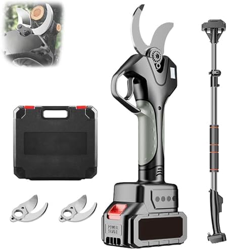 Professional Electric Pruning Shears - 45mm Cordless Secateurs with Battery & Charger, Adjustable Extension Pole for Effortless Tree Branch Cutting in Gardening & Fruit Trees (2 Batteries Included)