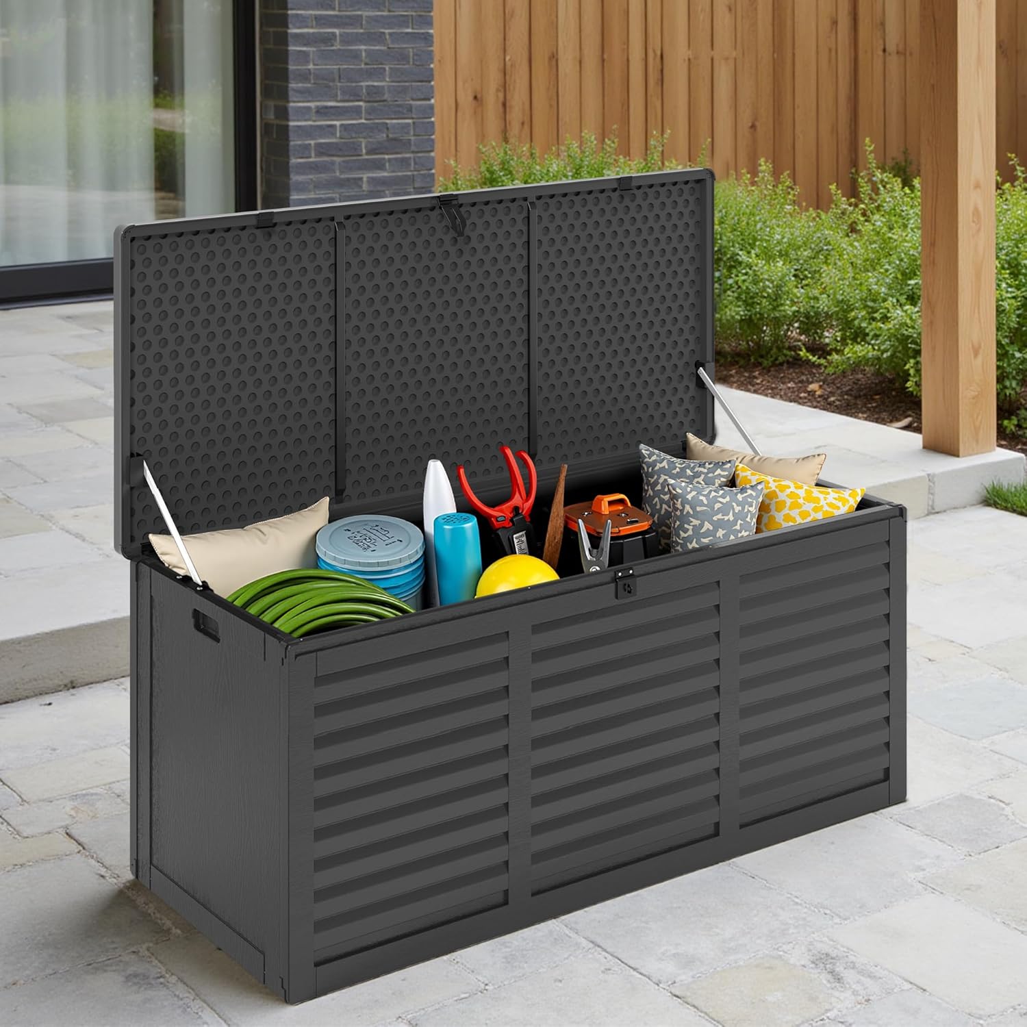 Resin Deck Box 130 Gallon, Lockable & Waterproof Outdoor Storage, UV-Resistant Patio Box for Cushions, Tools, and Outdoor Accessories (Black)