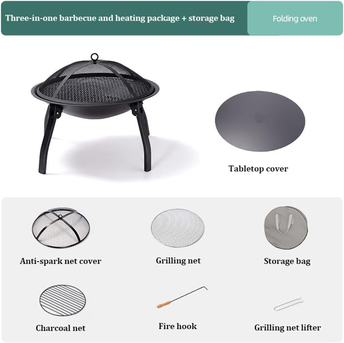 Folding Outdoor Fire Pit Bowl, Wood Burning Firepit BBQ Grill,Outdoor Garden Patio Heater,Metal BBQ Firepit Stove Backyard Garden Fireplace,Outdoor Heating,Round Table & BBQ