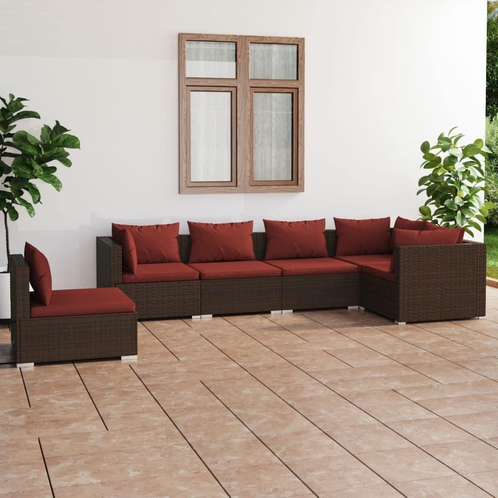 6 Piece Patio Lounge Set with Cushions Poly Rattan Brown,Stylish and Durable Patio Lounge Set: Modular Design for Ultimate Comfort Patio Furniture Sets, Outdoor Furniture Sets