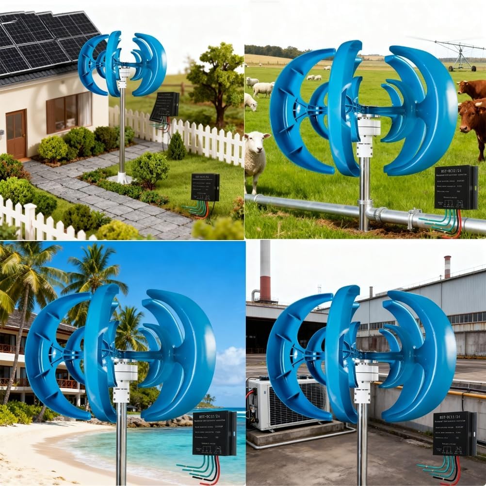 220V, 1000W-12000W Wind Vertical Axis Turbine Generator, 5 Blades Wind Turbine Generator with Controller for Marine Boat Wind Solar Hybrid Streetlight