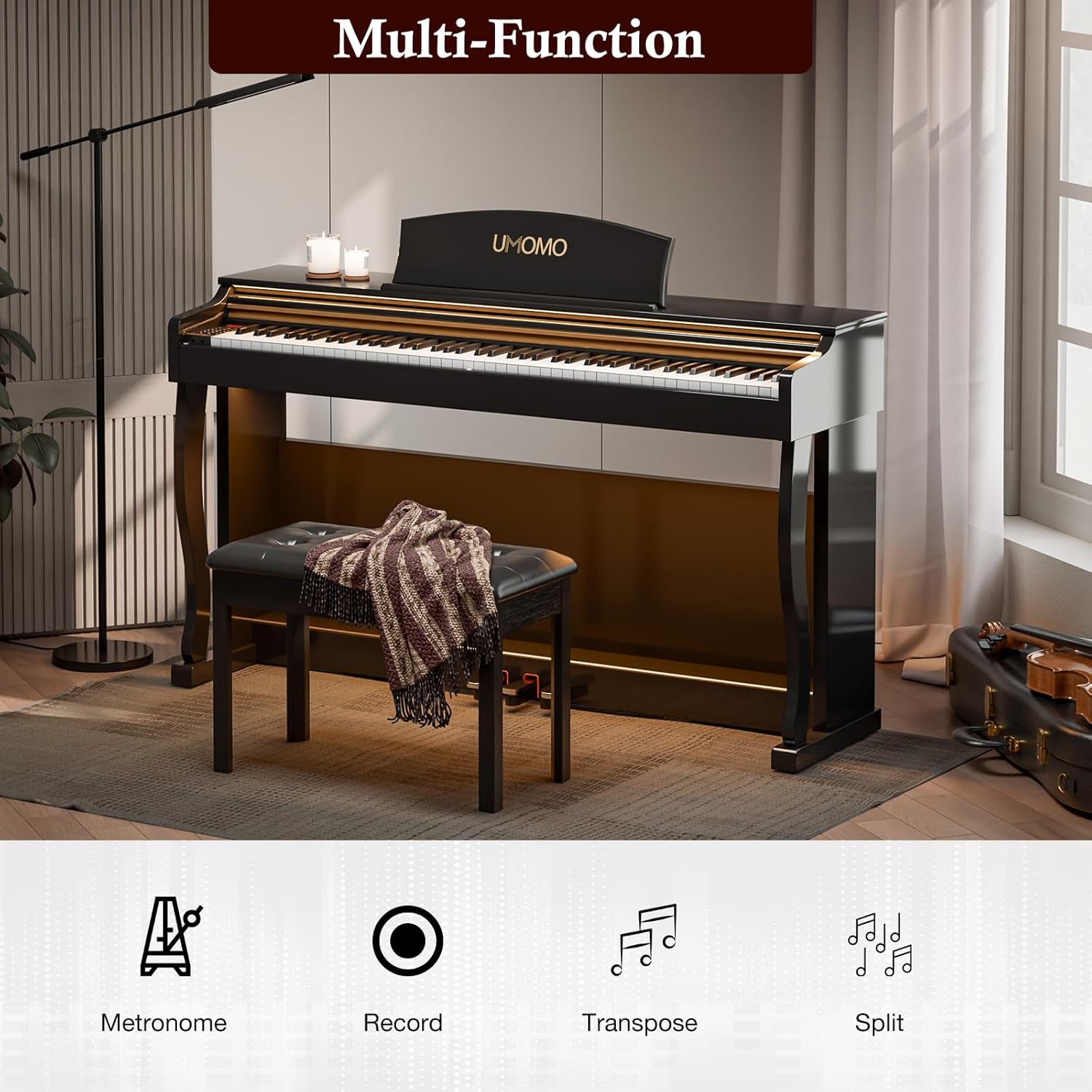UMOMO U-732 88 Weighted Key Digital Piano with Adjustable Light, Hammer Action Electric Piano with Piano Stand, Full Size Electronic Piano Keyboard for Beginner, Adults, Glossy Black