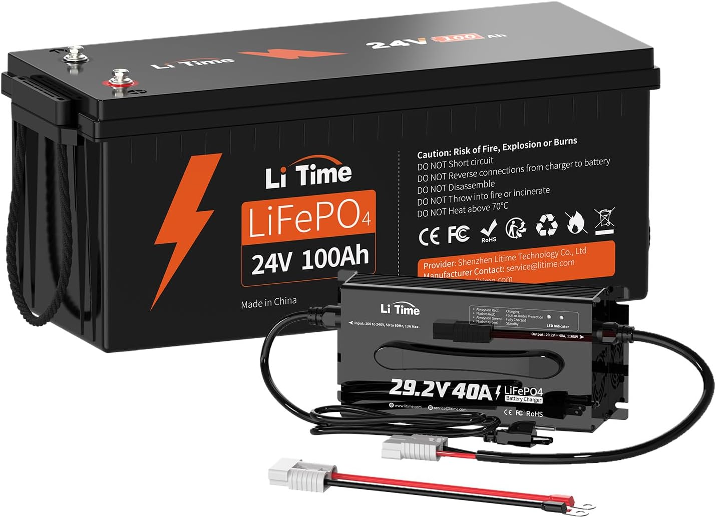 LiTime 24V 100Ah LiFePO4 Lithium Battery with 29.2V 40A LiFePO4 Battery Charger, Built-in 100A BMS, Up to 15000 Cycles, Max. 2560W Load Power for RV/Camper, Solar, Trolling Motor, Marine, Off-Grid