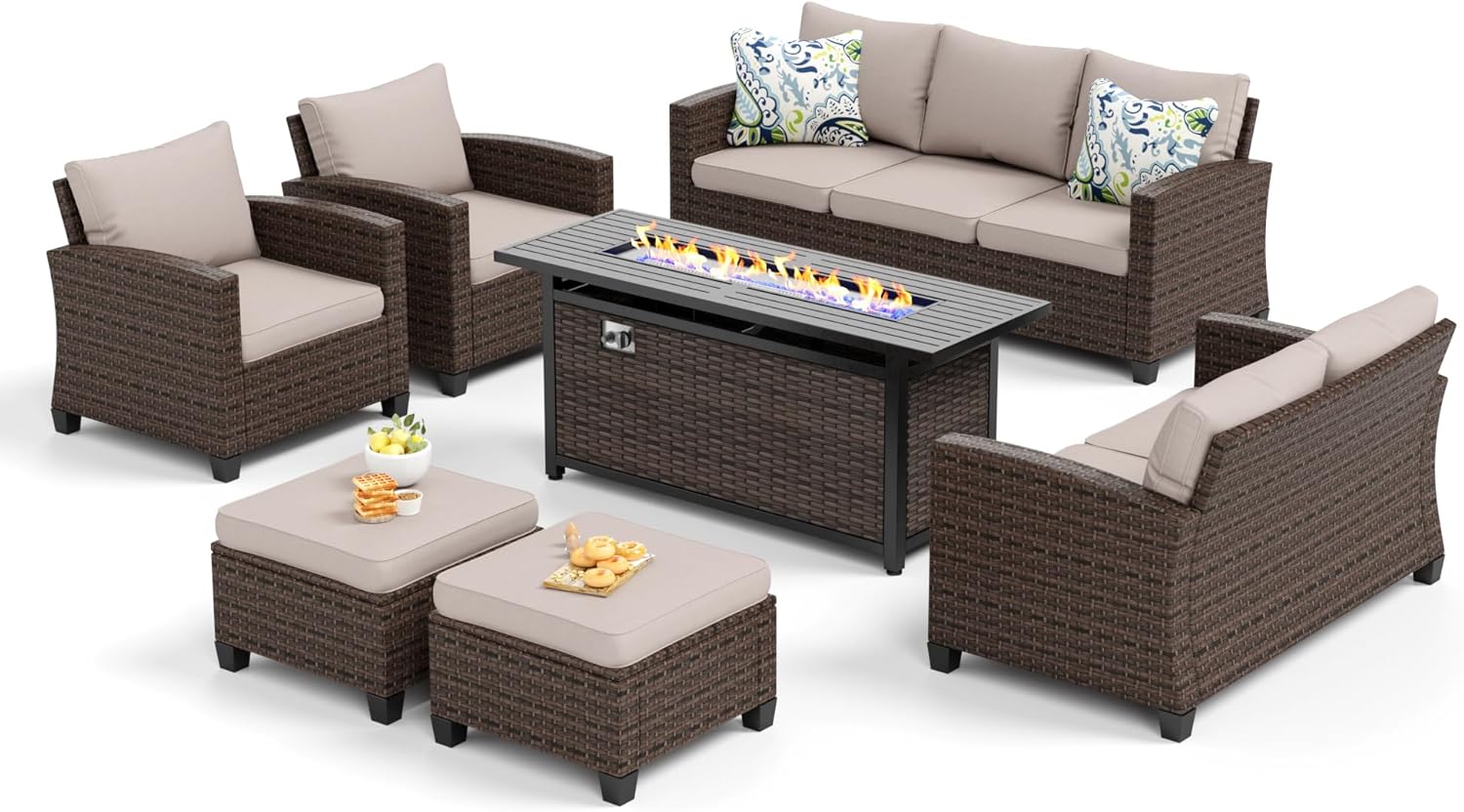 Patio Furniture Set Outdoor Furniture Brown Wicker Rattan Patio Conversation Sets with Cushion Outside Sofa Set,6 Pieces with Rectangular Firepit Table,9 Seats,Beige